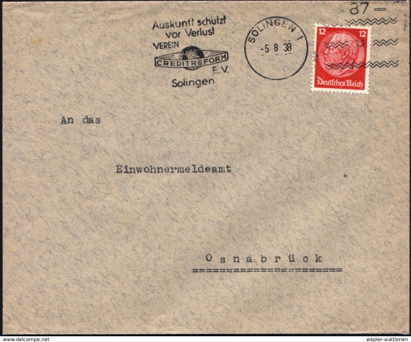 SOLINGEN 1/ =87=/ Auskunft Schützt/ Vor Verlust/ VEREIN/ CREDITREFORM/ EV.. 1936 (13.10.) Freimarken-stempel = VE (Globu - Unclassified