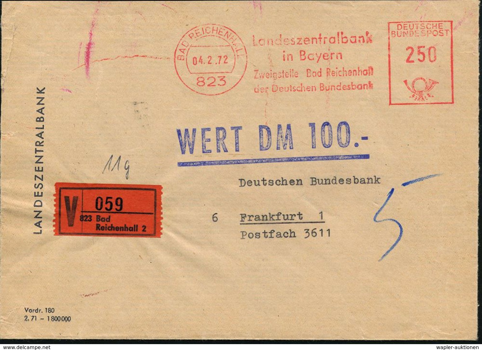 823 BAD REICHENHALL/ Landeszentralbank/ In Bayern/ Zweigstelle../ D.Dt.Bundesbank 1972 (4.2.) AFS 250 Pf. + Orange VZ: 8 - Zonder Classificatie