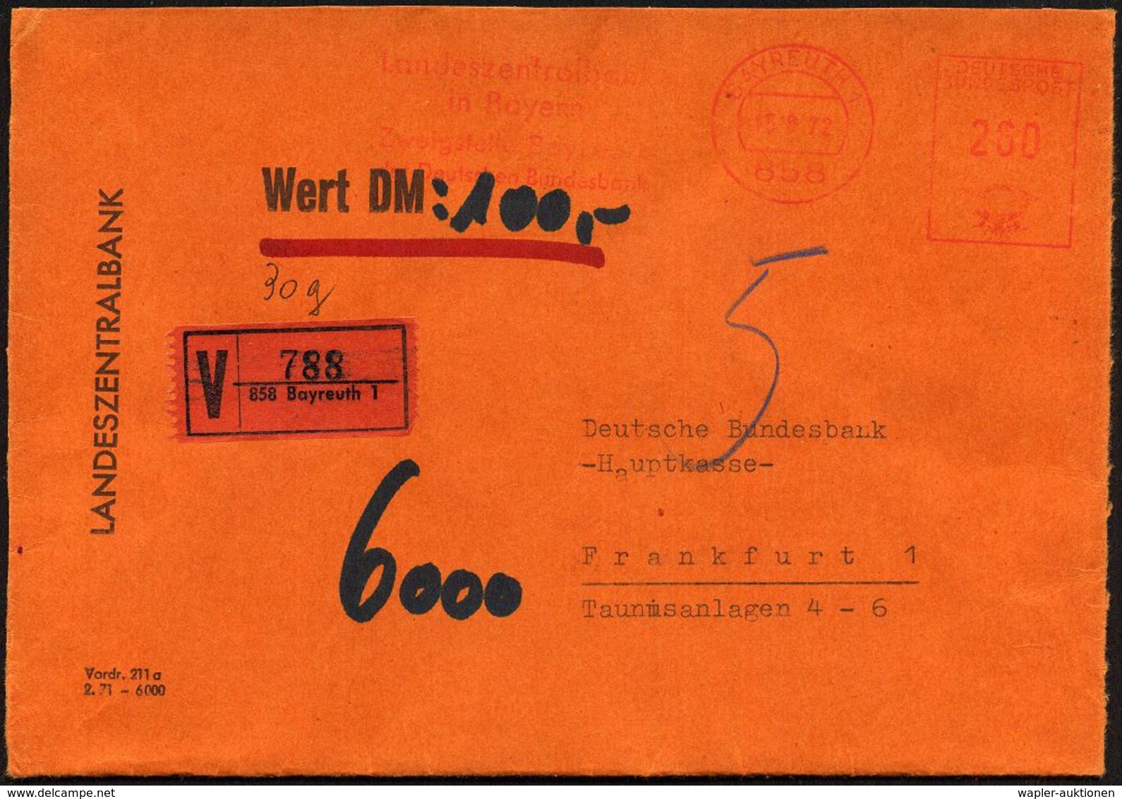 858 BAYREUTH 1/ Landeszentralbank/ In Bayern 1972 (15.8.) AFS 260 Pf. + Roter VZ: 858 Bayreuth 1 , Seltener Inl.-Wert-Bf - Zonder Classificatie