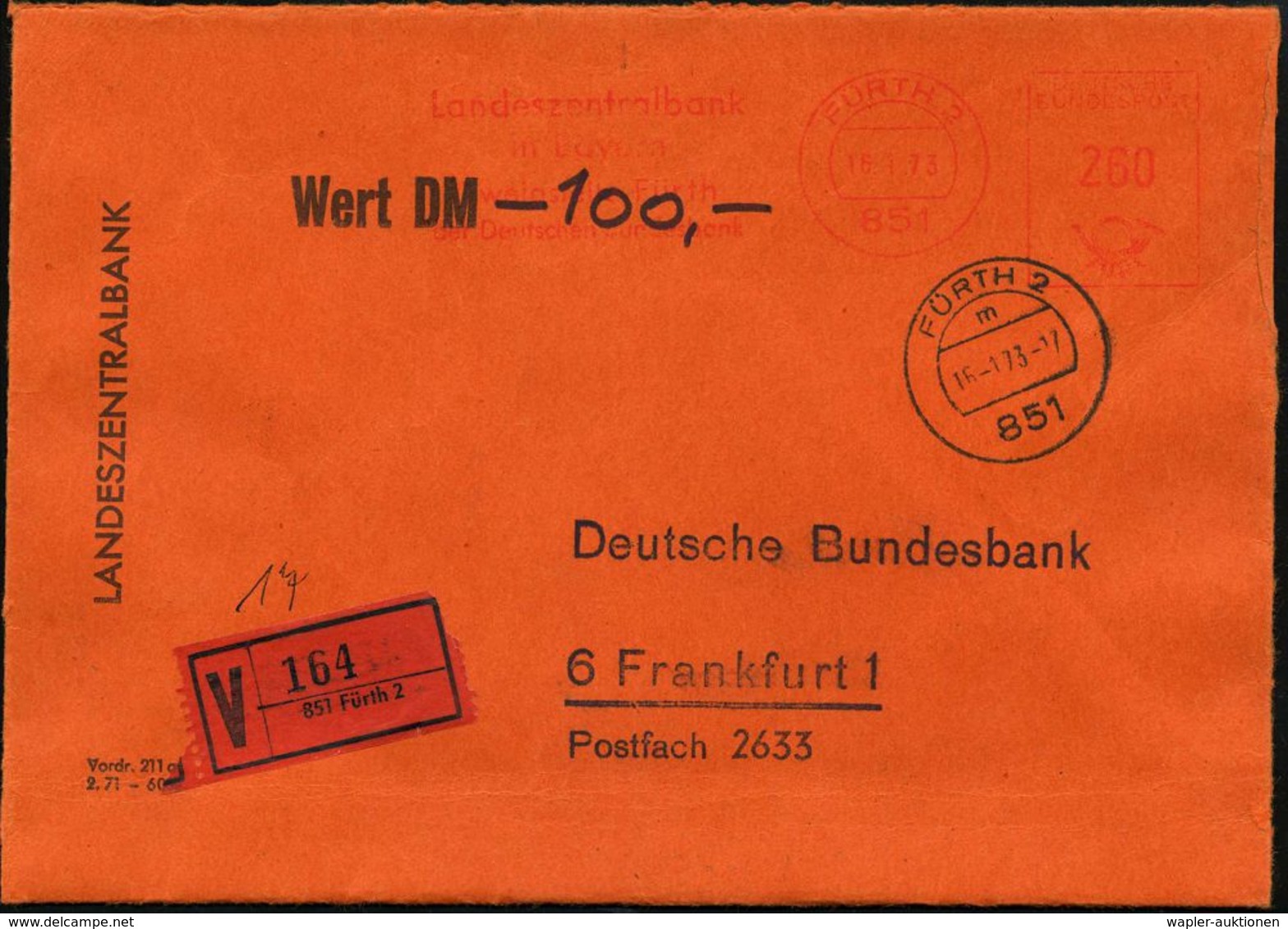 851 FÜRTH 2/ Landeszentralbank/ In Bayern.. 1973 (16.1.) AFS 260 Pf. + 1K: 851 FÜRTH 2/m + Orange VZ: 857 Fürth 2 , Inl. - Zonder Classificatie