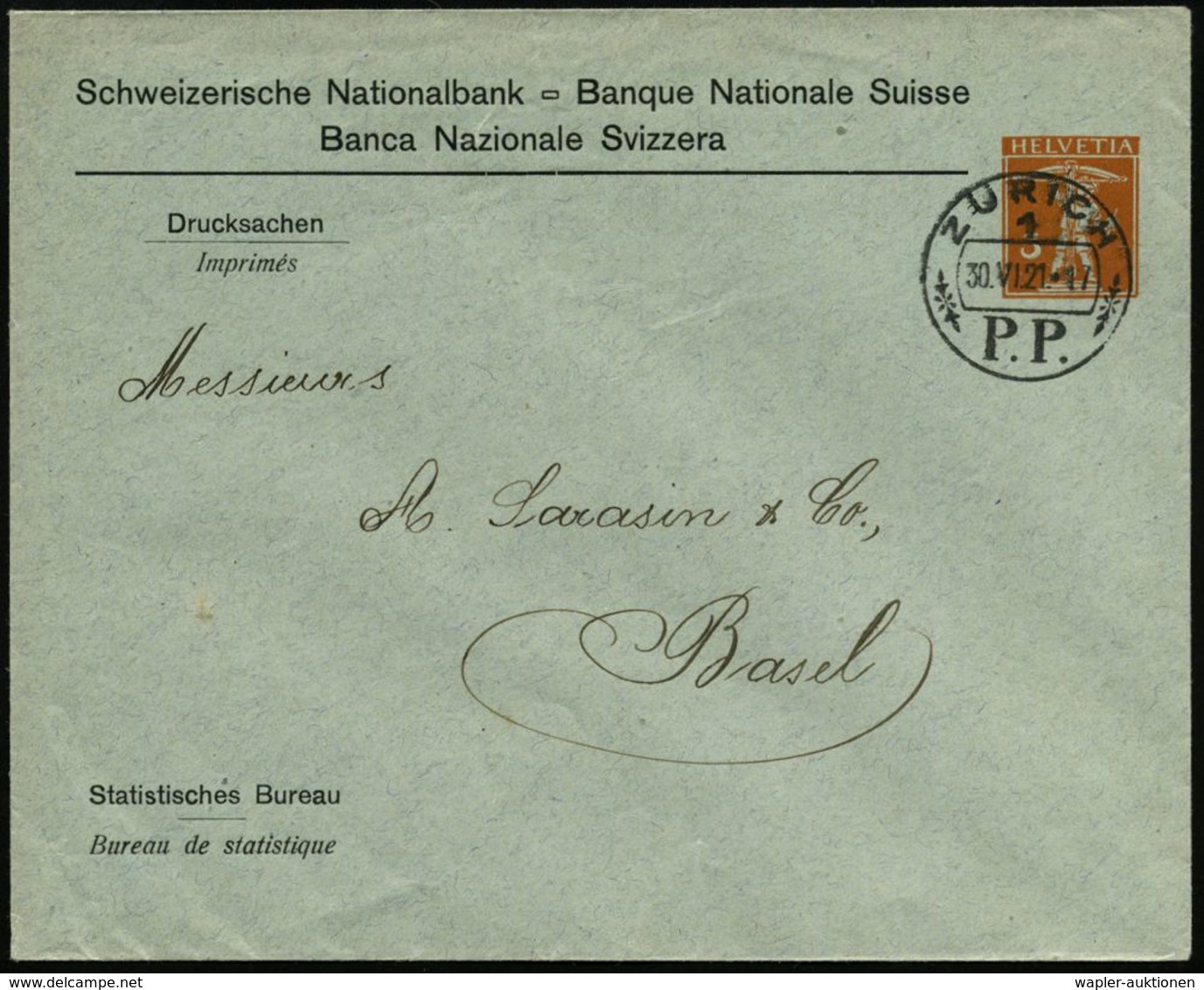 SCHWEIZ 1921 (30.6.) PU 3 C. Tellknabe, Orange: Schweiz. Nationalbank.. Statistisches Bureau , Schw. 1K: ZÜRICH/1/P.P.,  - Zonder Classificatie