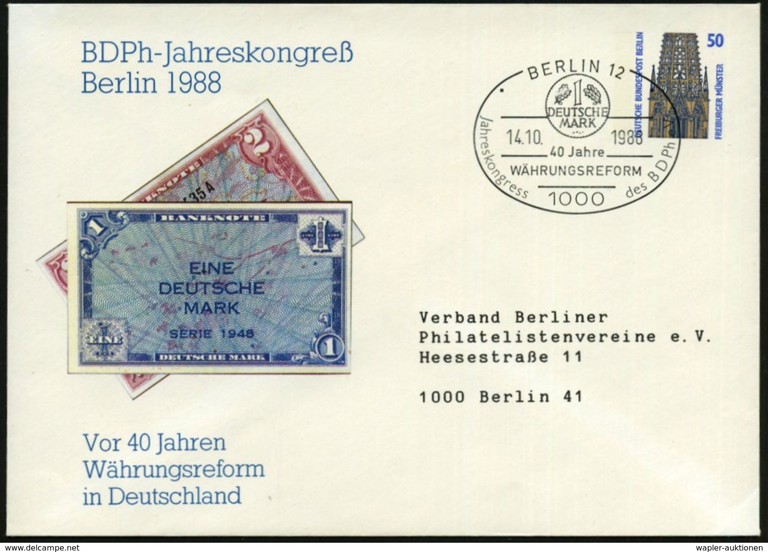 1000 BERLIN 12/ 40 Jahre/ WÄHRUNGSREFORM.. 1988 (14.10.) SSt = 1 Deutsche Mark Auf PU 50 Pf. Bauwerke: Währungsreform..  - Ohne Zuordnung