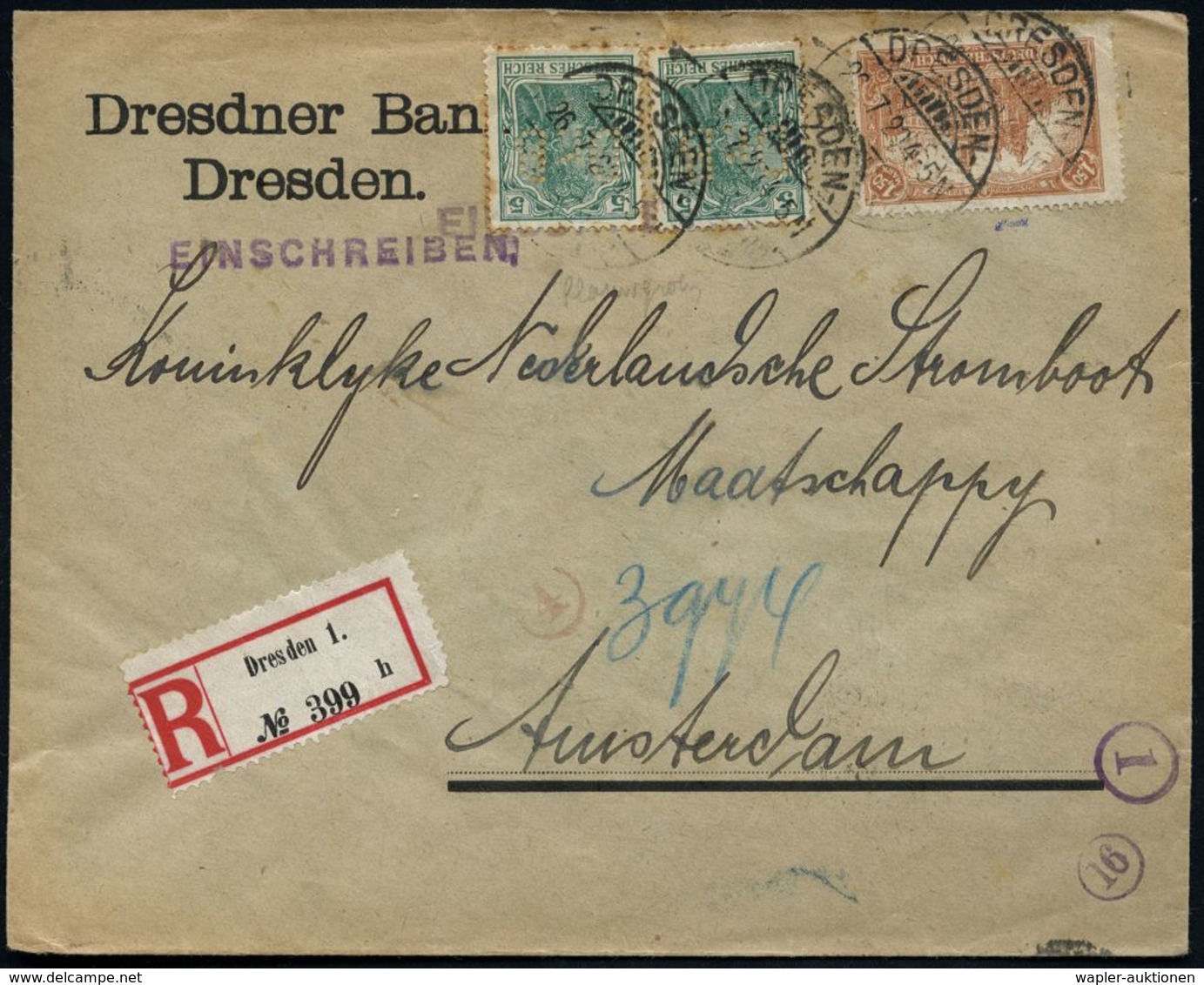 DRESDEN 1 1920 (26.7.) Germania 2x 5 Pf. U. 1,50 M. Postmuseum, Alle Mit Firmenlochung "Dr. B." = Dr (esdner) B(ank) + R - Ohne Zuordnung