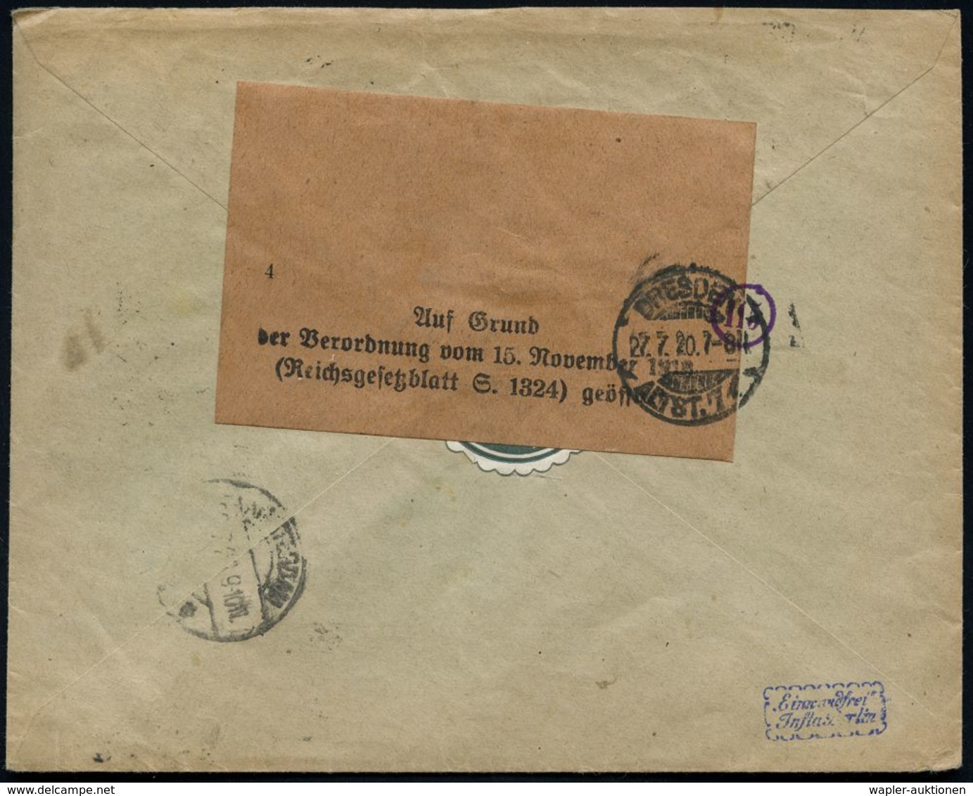 DRESDEN 1 1920 (26.7.) Germania 2x 5 Pf. U. 1,50 M. Postmuseum, Alle Mit Firmenlochung "Dr. B." = Dr (esdner) B(ank) + R - Zonder Classificatie