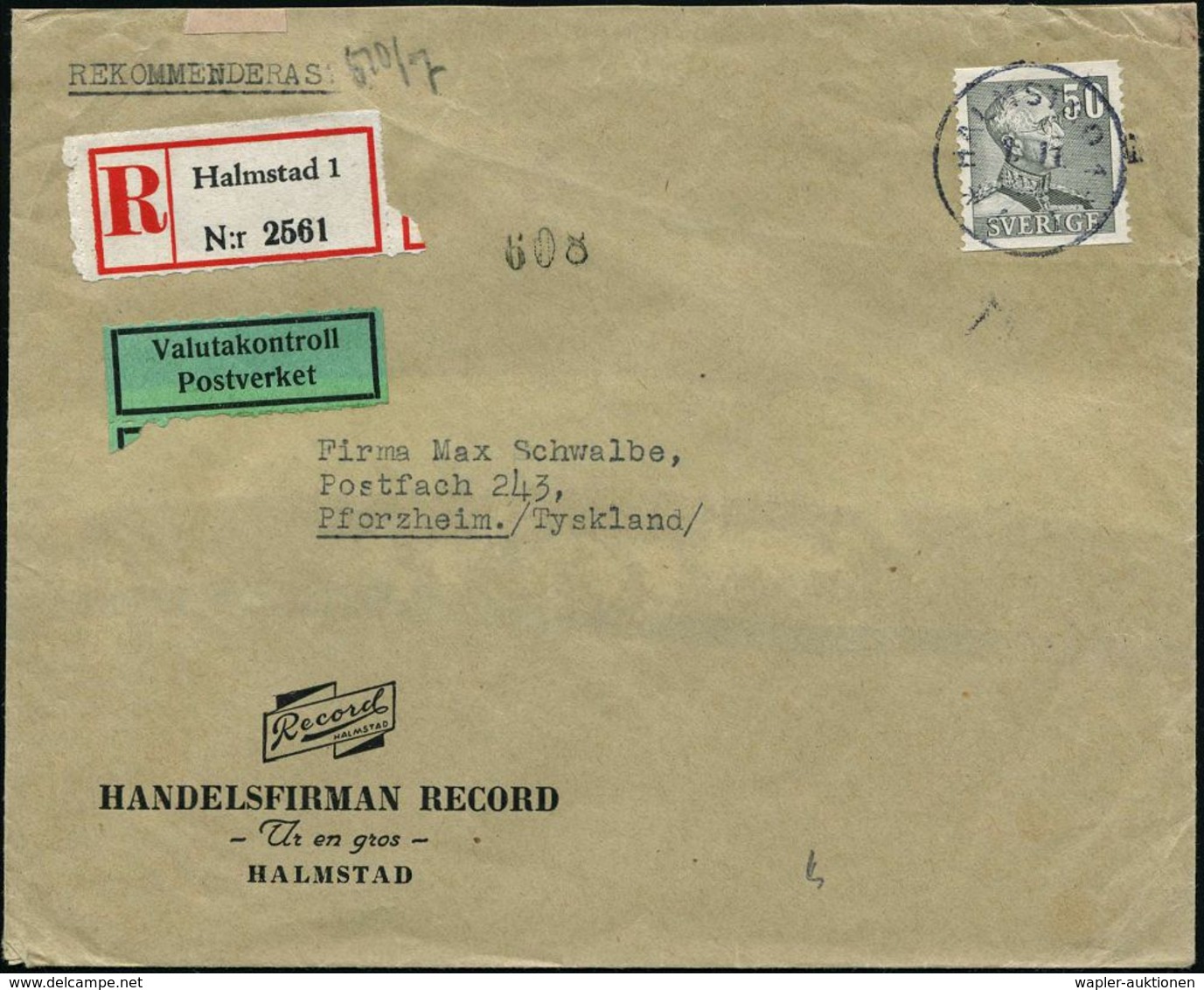 SCHWEDEN 1944 (1.11.) 50 Ö. EF + Grüner Devisen-Zensurzettel: Valutakontroll/ Postverket + RZ: Halmstad 1 + Rs. Rosa Zen - Sin Clasificación