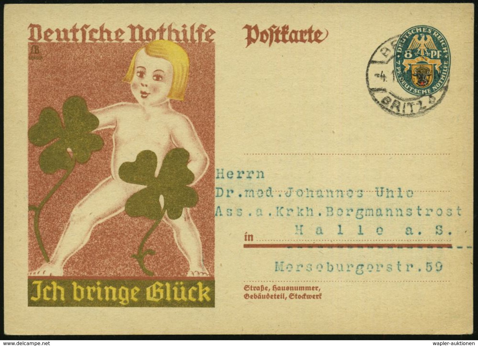 Berlin-Britz 1929 (Jan.) Amtl. Nothilfe-P 8 Pf.: "Ich Bringe Glück" (Kind Mit Gold-Kleeblättern) Rs. Reklame-Zudruck: J. - Chemistry