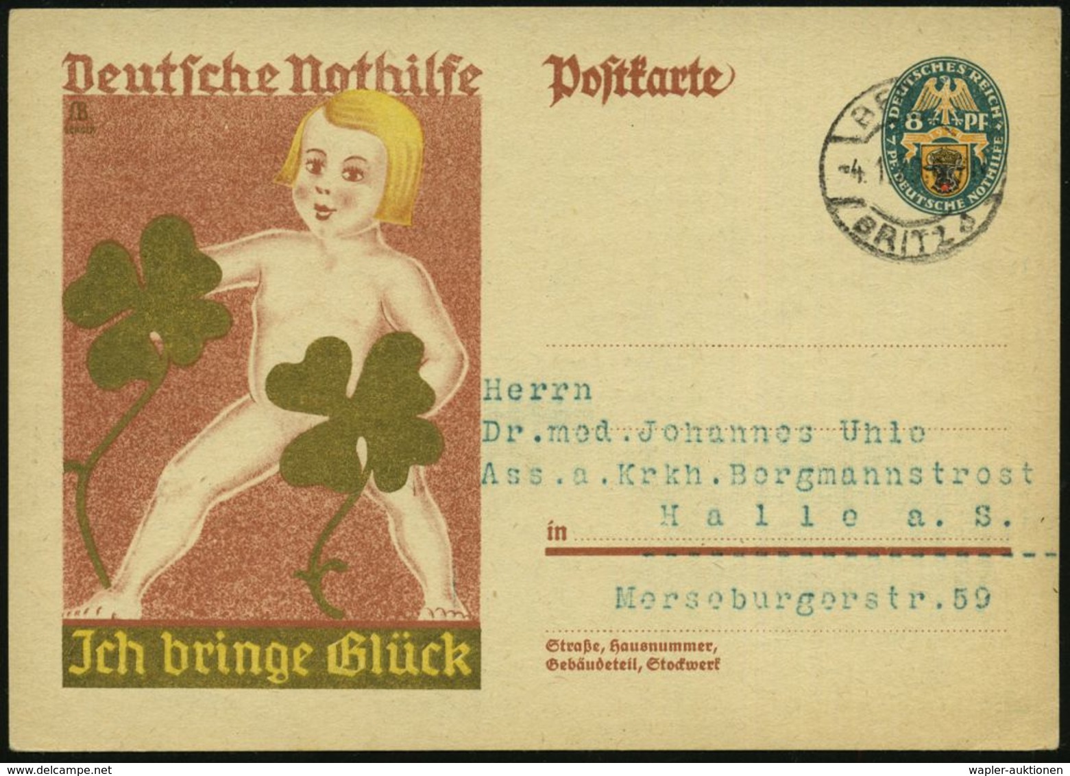 Berlin-Britz 1929 (Jan.) Amtl. Nothilfe-P 8 Pf.: "Ich Bringe Glück" (Kind Mit Gold-Kleeblättern) Rs. Reklame-Zudruck: J. - Scheikunde