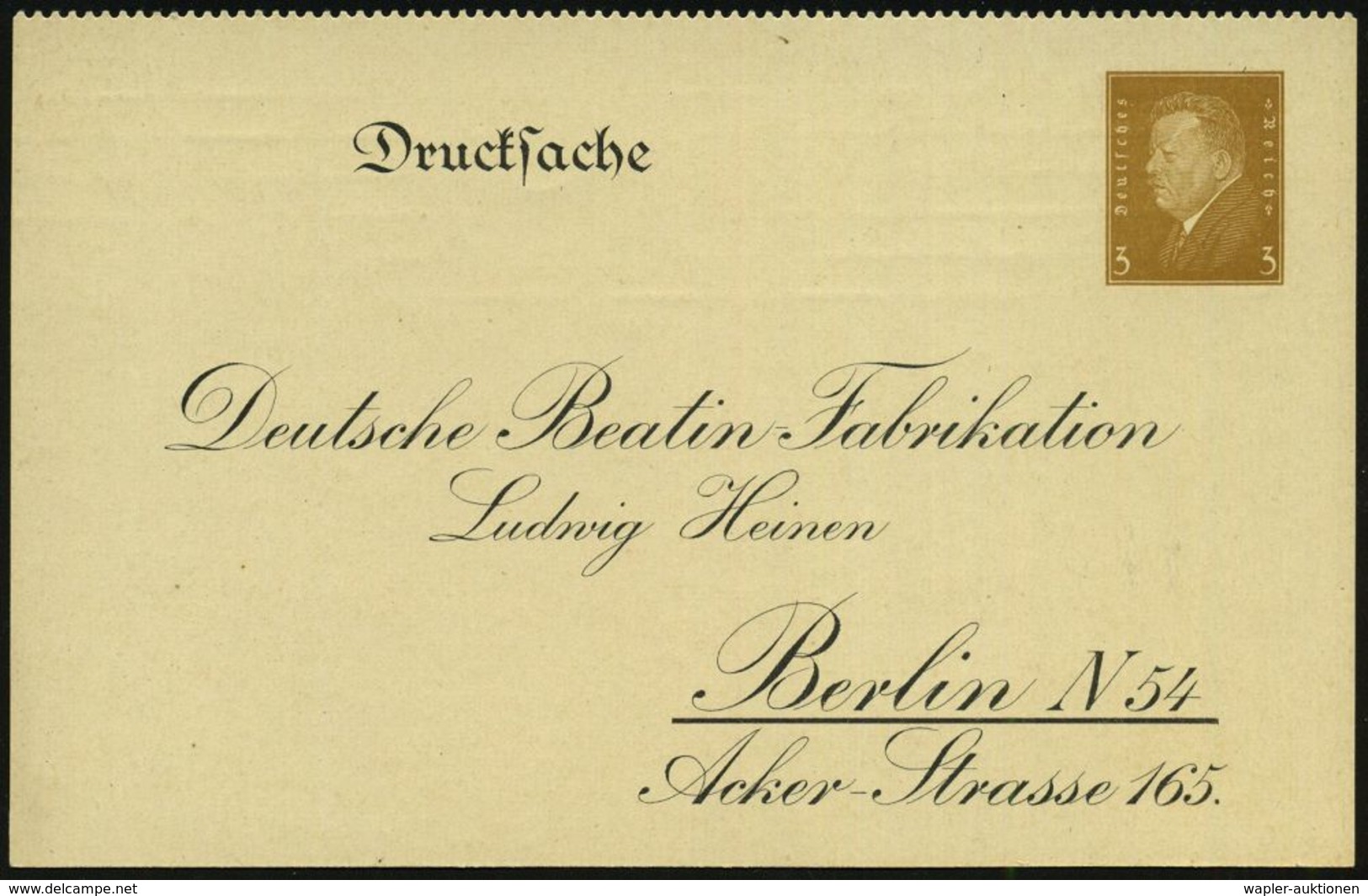 Berlin N54 1931 PP 3 Pf. Ebert: Famel's Beatin, Ludw. Heinen..,  Oben  G E Z ä H N T (Packung U. Flasche Beatin = Bronch - Química