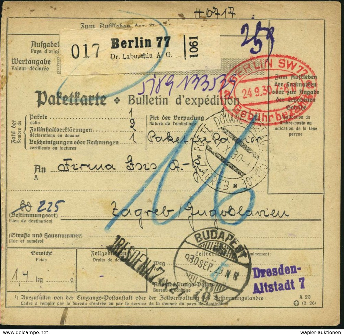 Berlin 77/ Dr.Laboschin A.G. 1930 (24.9.) Selbstbucher-Paketzettel + Doppel-Oval:  Berlin SW 77/aa/Gebühr Bezahlt +  Vio - Scheikunde