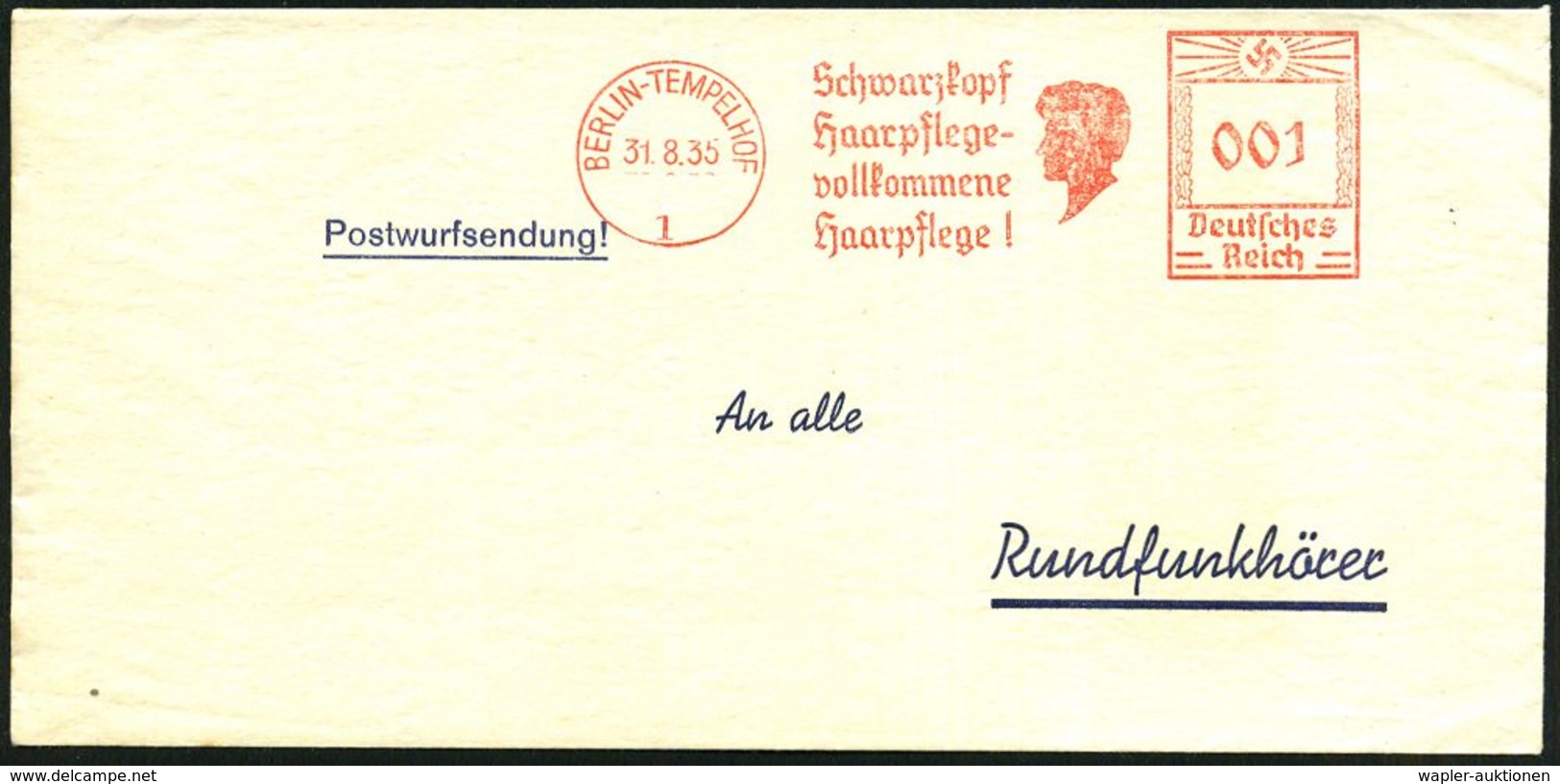 BERLIN-TEMPELHOF/ 1/ Schwarzkopf/ Haarpflege-/ Vollkommene/ Haarpflege! 1935 (31.8.) AFS 001 Pf. (Logo = Kopfsilhouette) - Chemie