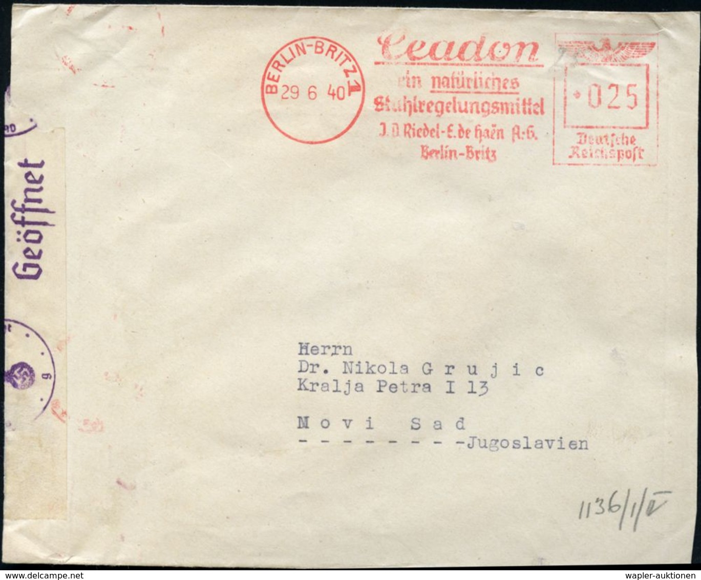 BERLIN-BRITZ 1/ Ceadon/ Ein Natürliches/ Stuhlregelungsmittel/ J.D.Riedel-E De Haen A.G. 1940 (29.6.) AFS 025 Pf. + OKW- - Chimie