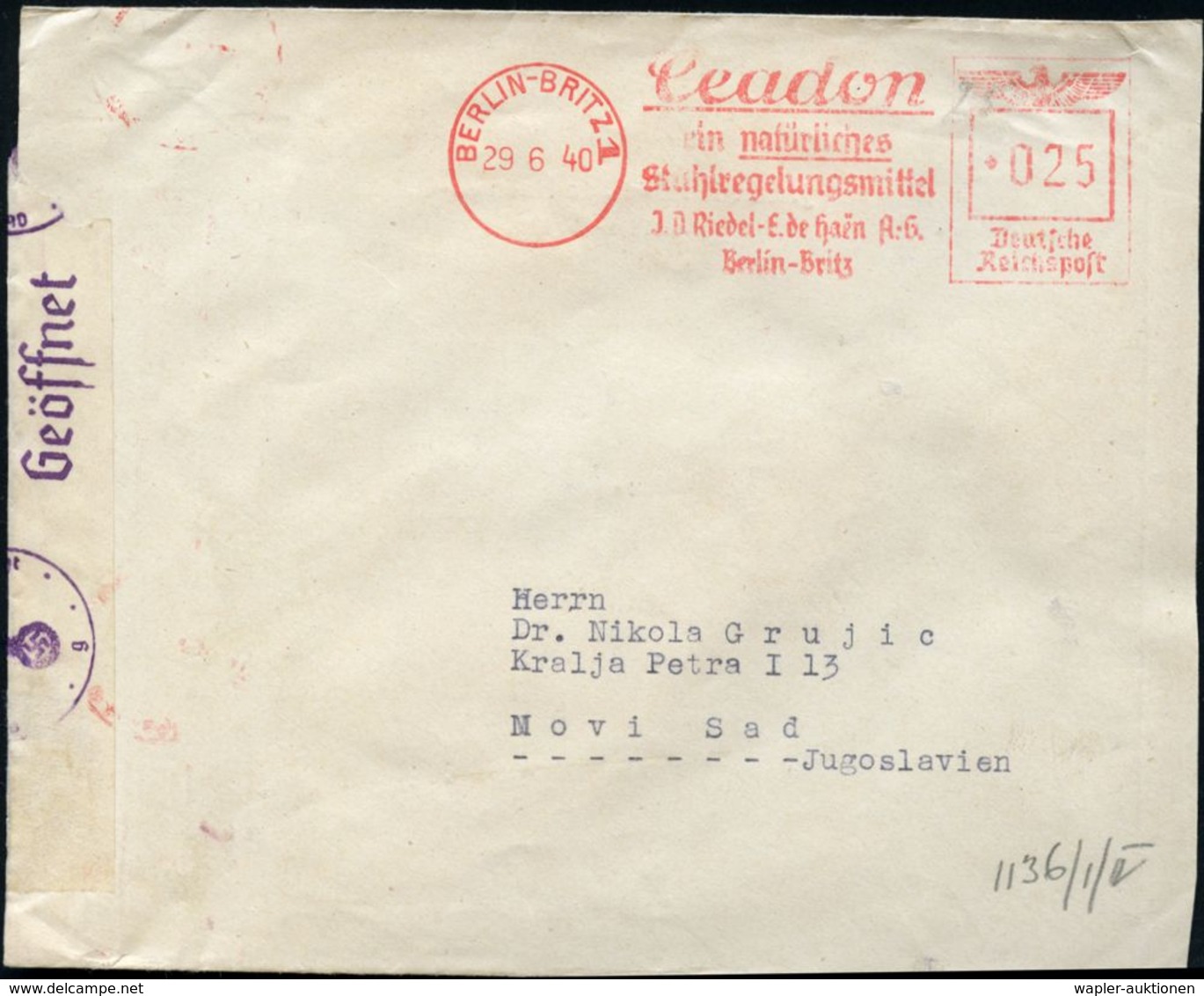 BERLIN-BRITZ 1/ Ceadon/ Ein Natürliches/ Stuhlregelungsmittel/ J.D.Riedel-E De Haen A.G. 1940 (29.6.) AFS 025 Pf. + OKW- - Scheikunde