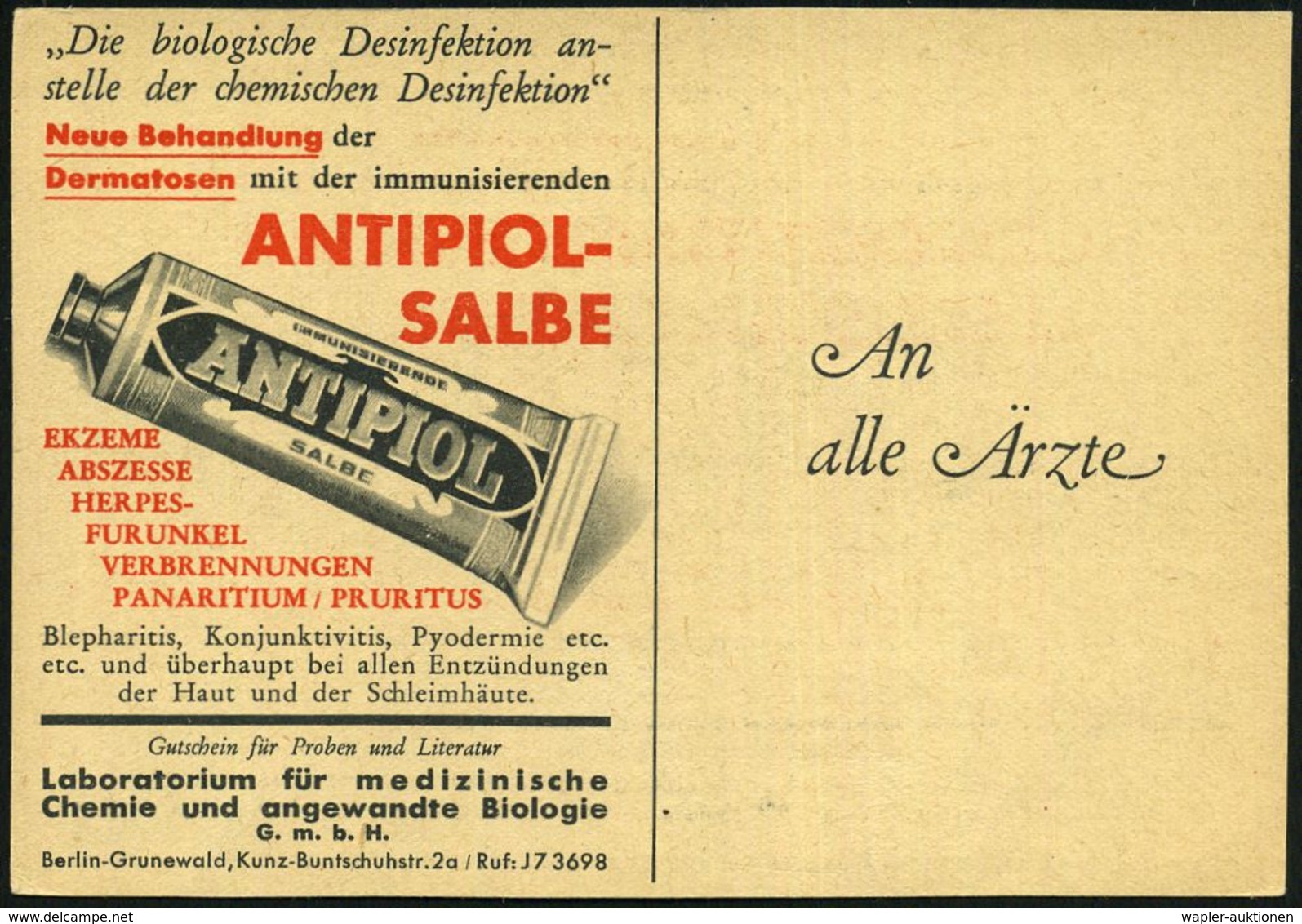 Berlin-Grunewald 1950 (ca.) Postwurfsendung "An Alle Ärzte": Reklame-Kt.: Biolog. Desinfektion ANTIPIOL-SALBE (Antipiol- - Chimie