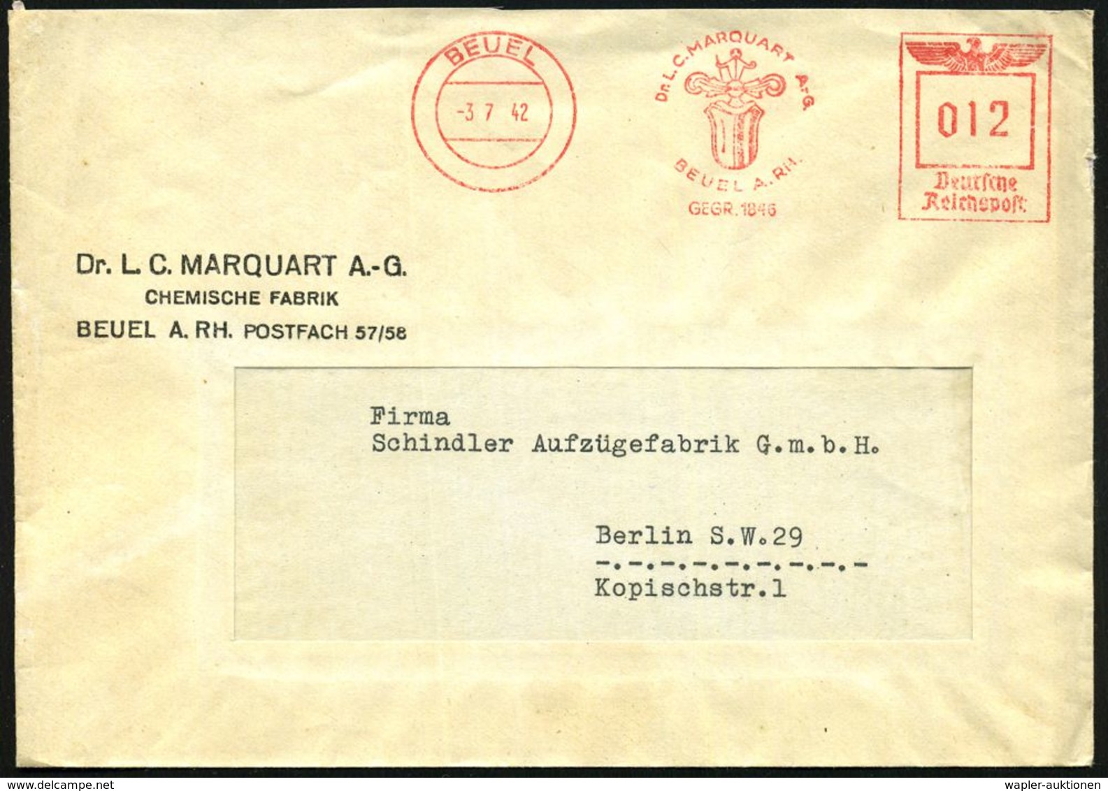 BEUEL/ Dr.L.C.MARQUART A.G./ GEGR.1846 1942 (3.7.) AFS (Firmenlogo) Firmen-Fern-Bf. (Dü.E-5CGo) - CHEMIE / PRODUKTE / CH - Scheikunde