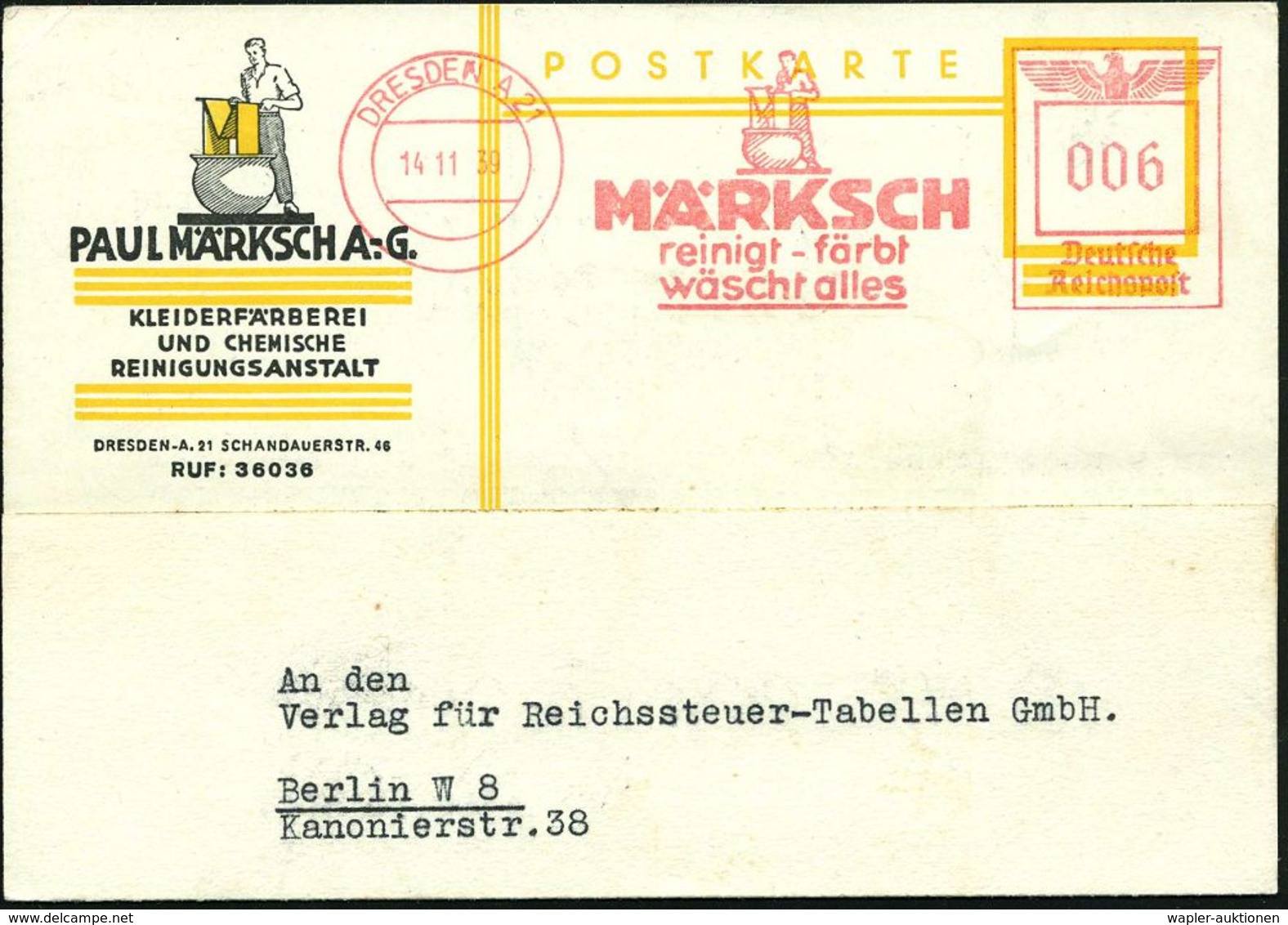 DRESDEN S 21/ MÄRKSCH/ Reinigt-färbt/ Wäscht Alles 1939 (14.11.) Dekorativer AFS (Logo) = Mann Färbt Stoffbahn "M" In Ei - Scheikunde