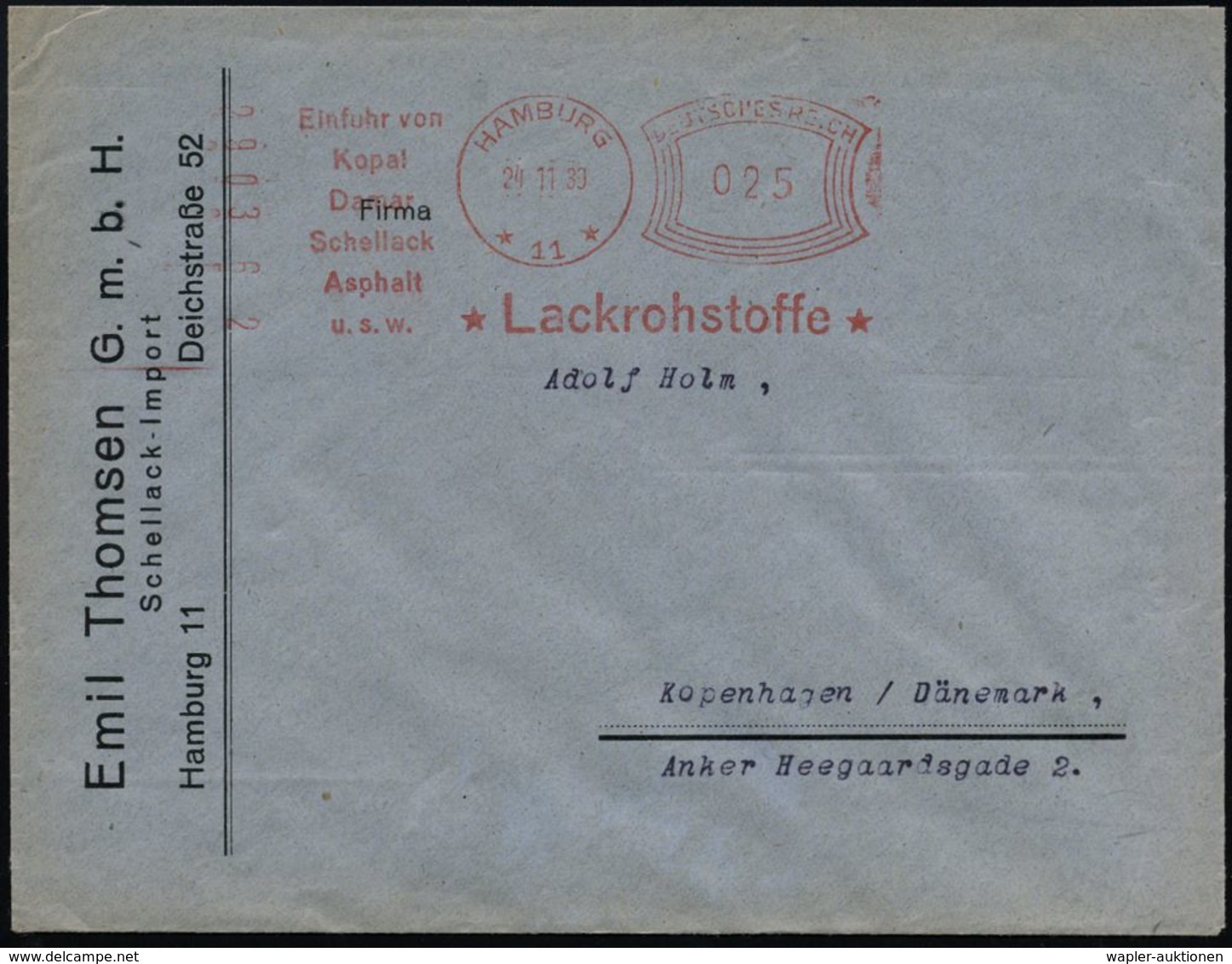 HAMBURG/ *11*/ Einfuhr Von/ Kopal/ Damar/ Schellack/ Asphalt/ U.s.w./ *Lackrohstoffe* 1939 (24.11.) Später AFS "Komusina - Scheikunde