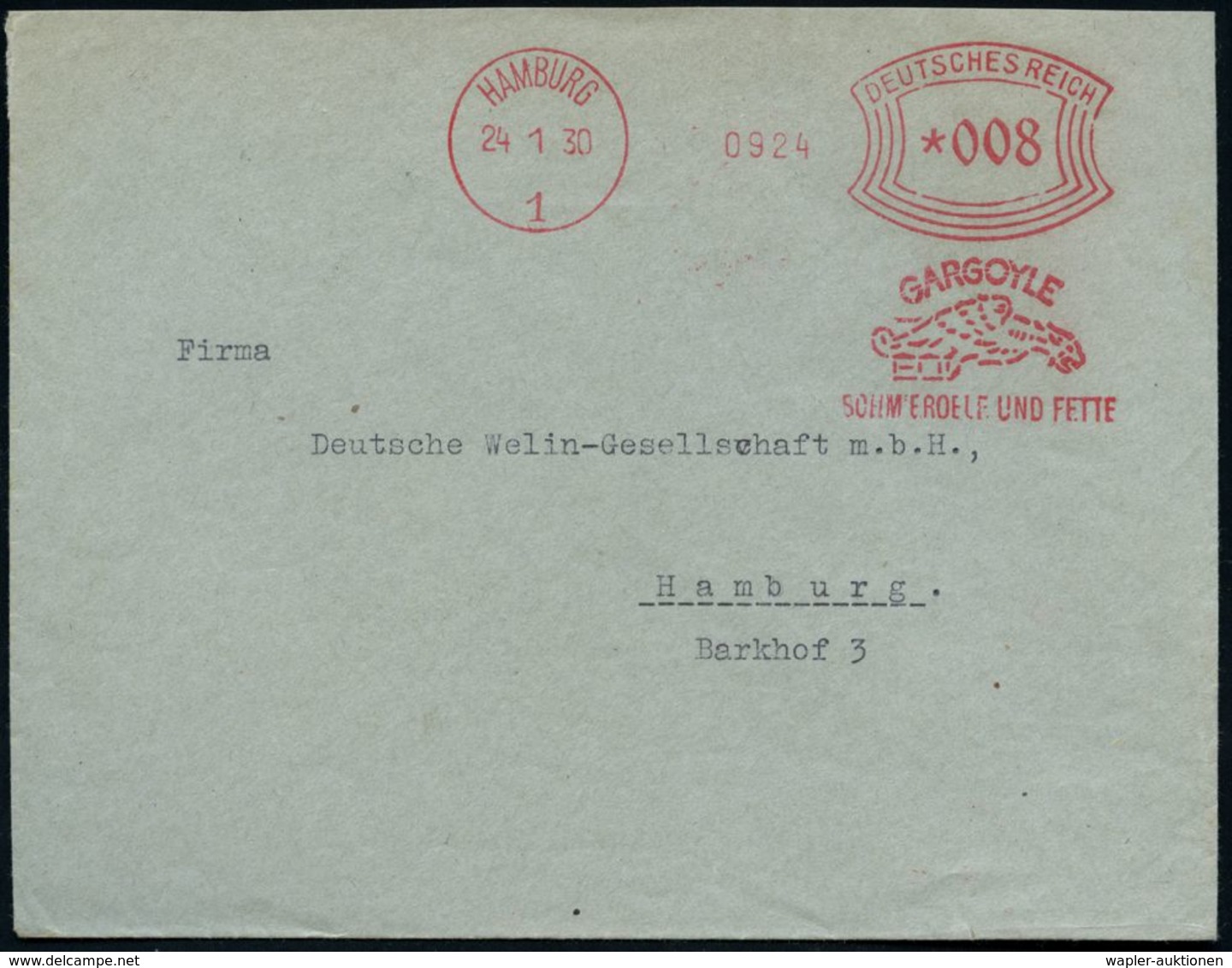 HAMBURG/ 1/ GARGOYLE/ SCHMIEROELE UND FETTE 1930 (24.1.) Dekorat. AFS = "Gargoyle"-Drache , Rs. Firmen-Vordruck, Klar Ge - Scheikunde