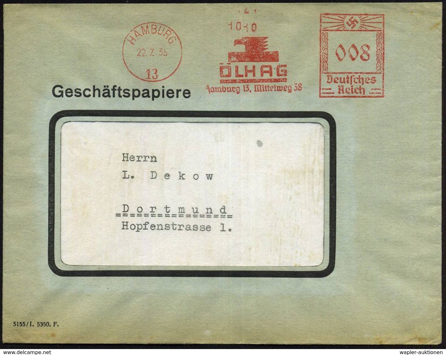 HAMBURG/ 13/ ÖLHAG.. 1935 (22.7.) AFS (Adlerkopf-Logo) Inl.-Bf. (Dü.E-3BAh) - CHEMIE / PRODUKTE / CHEMISCHE INDUSTRIE -  - Chimica