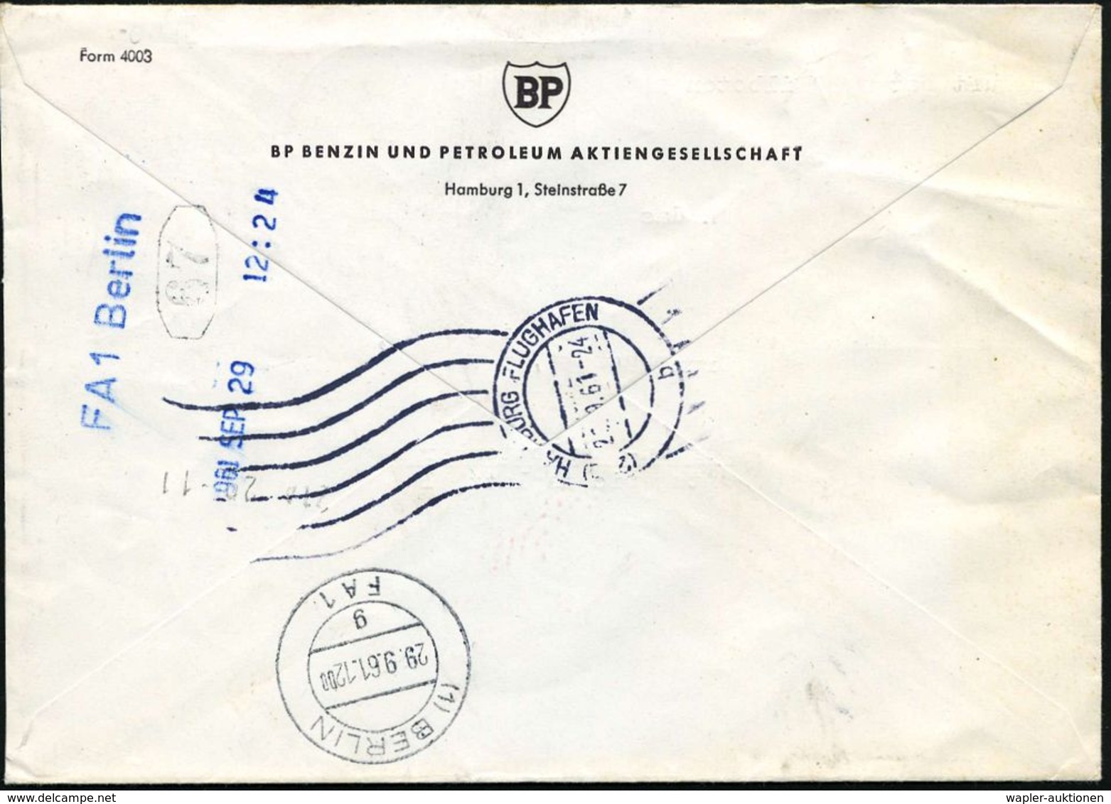 (24a) HAMBURG 1/ BP SUPER MIX.. 1961 (27.9.) AFS 085 Pf. = BP-Zapfsäule , Seltener Inl.-Flp.-Eil-Bf. N. West-Berlin, Rs. - Chemie