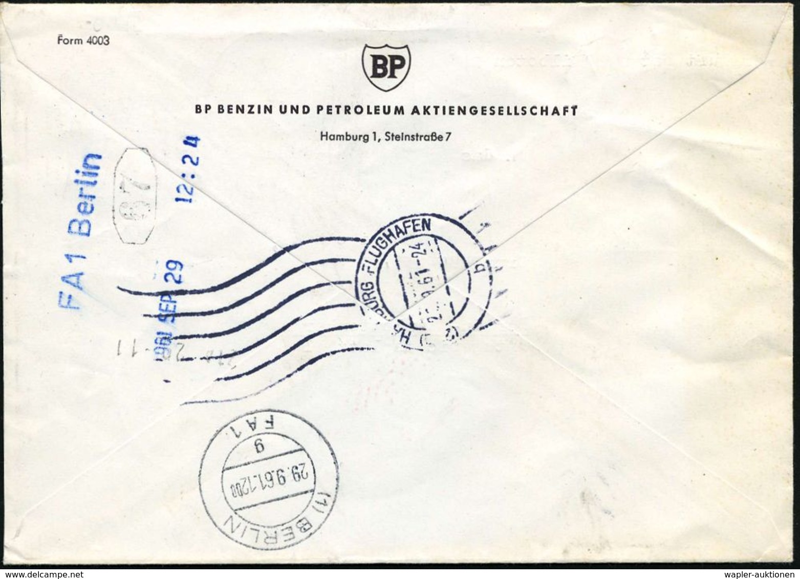 (24a) HAMBURG 1/ BP SUPER MIX.. 1961 (27.9.) AFS 085 Pf. = BP-Zapfsäule , Seltener Inl.-Flp.-Eil-Bf. N. West-Berlin, Rs. - Scheikunde
