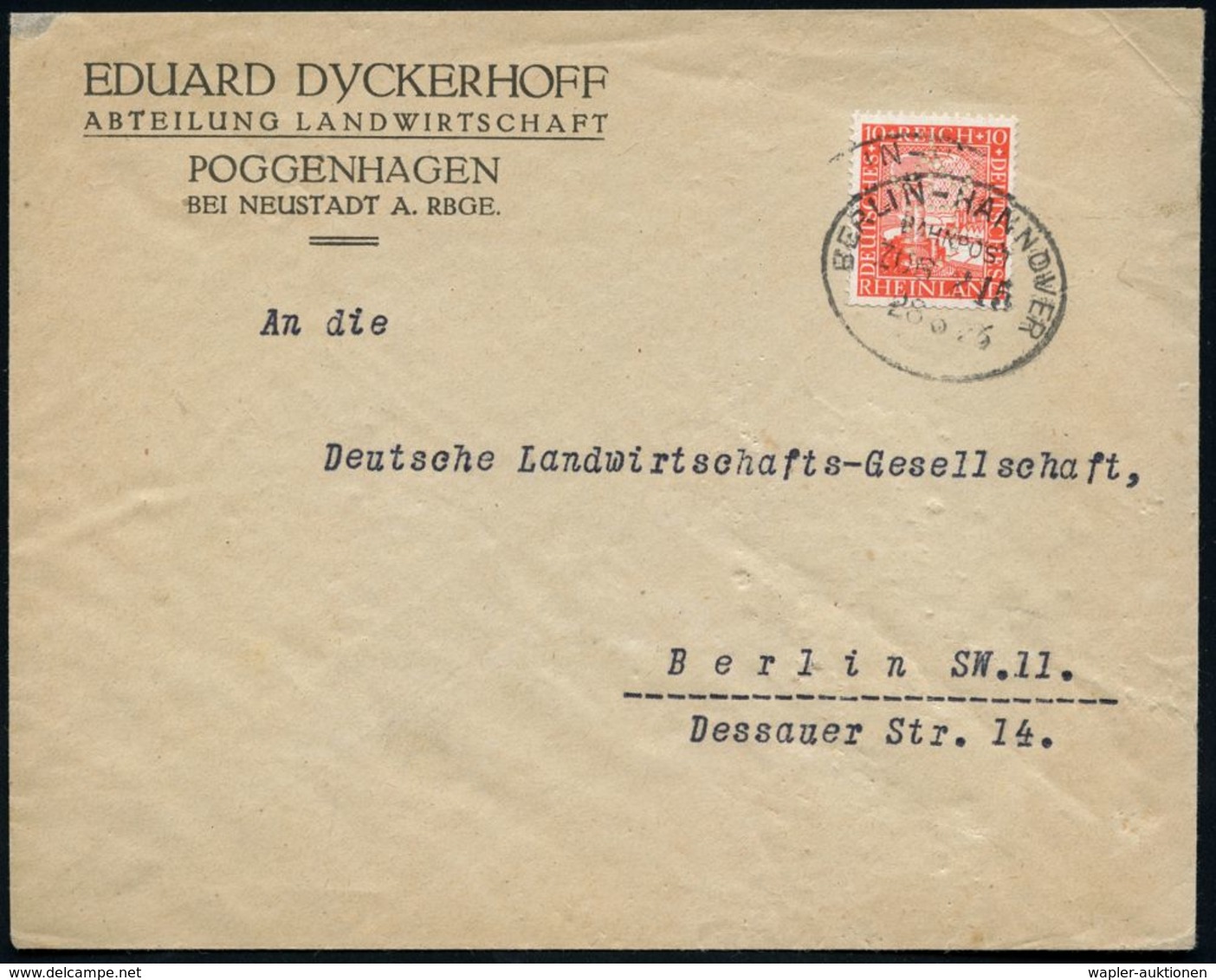 Poggenhagen 1926 (28.6.) 10 Pf. "Jahrtausendfeier Rheinland" Mit Seltener Zier-Firmenlochung = Fa. E. Dyckerhoff , Bahn- - Scheikunde