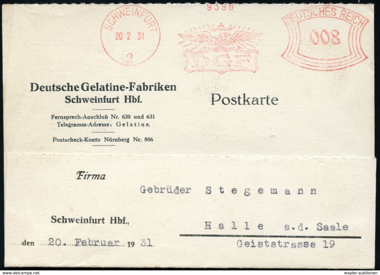 SCHWEINFURT/ 2/ D G F 1931 (20.1.) AFS (Monogr.-Logo Mit Adler U.Krone = Deutsche Gelatine-Fabriken, Firmen-Kt., Seltene - Chemie