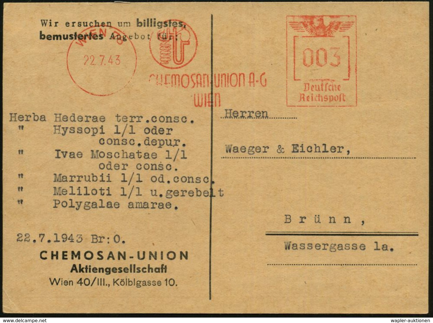 WIEN / 76/ CHEMOSAN UNION AG 1942 (22.7.) AFS = Chemische Glaskolben U. Röhren Als Firmen-Logo , Firnem-Kt.: CHEMOSAN-UN - Chimica