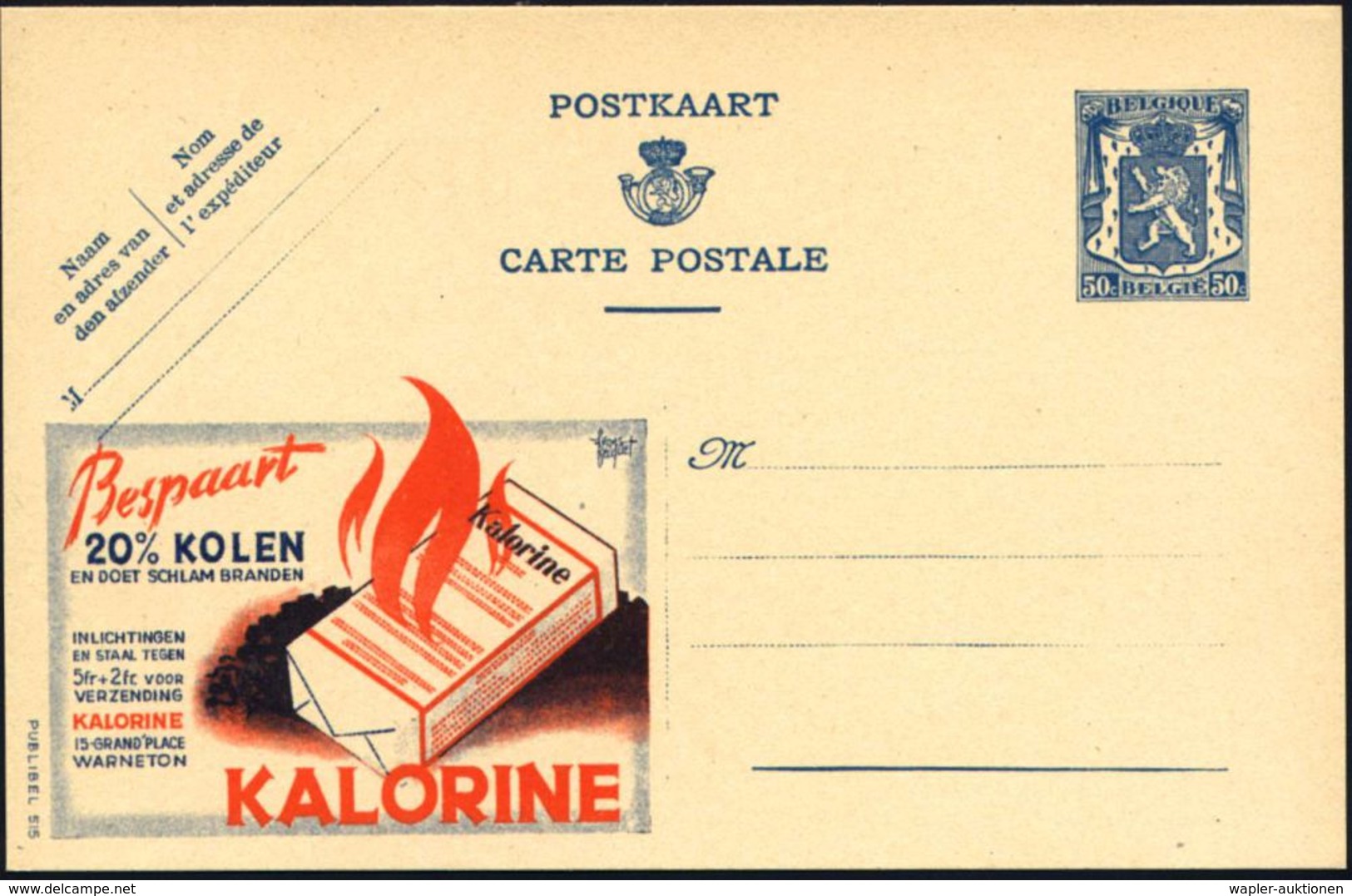 BELGIEN 1941 50 C. Reklame-P. Wappenlöwe, Blau: Bespaart 20% KOLEN..KALORINE (Flammen, Kalorine-Packung, Kohlen) = Heizk - Scheikunde