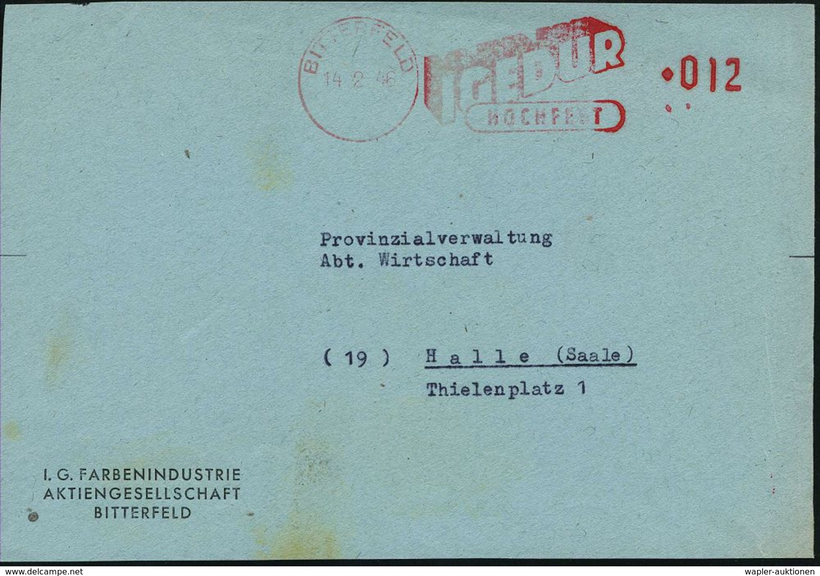 BITTERFELD/ IGEDUR/ HOCHFEST 1946 (14.2/13.4.) Total Aptierter Bzw. Teilaptierter AFS (1x Ohne Wertrahmen!) Firmen-Bf.:  - Scheikunde