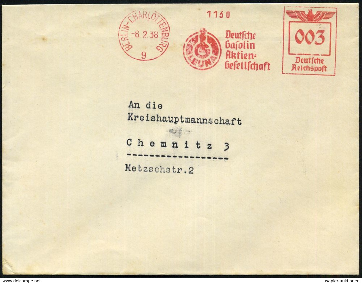 BERLIN-CHARLOTTENBURG/ 9/ IG/ LEUNA/ Deutsche/ Gasolin/ AG 1938 (8.2.) AFS = I.G.-Logo "LEUNA" , Rs. Abs.-Vordr.: DEUTSC - Scheikunde