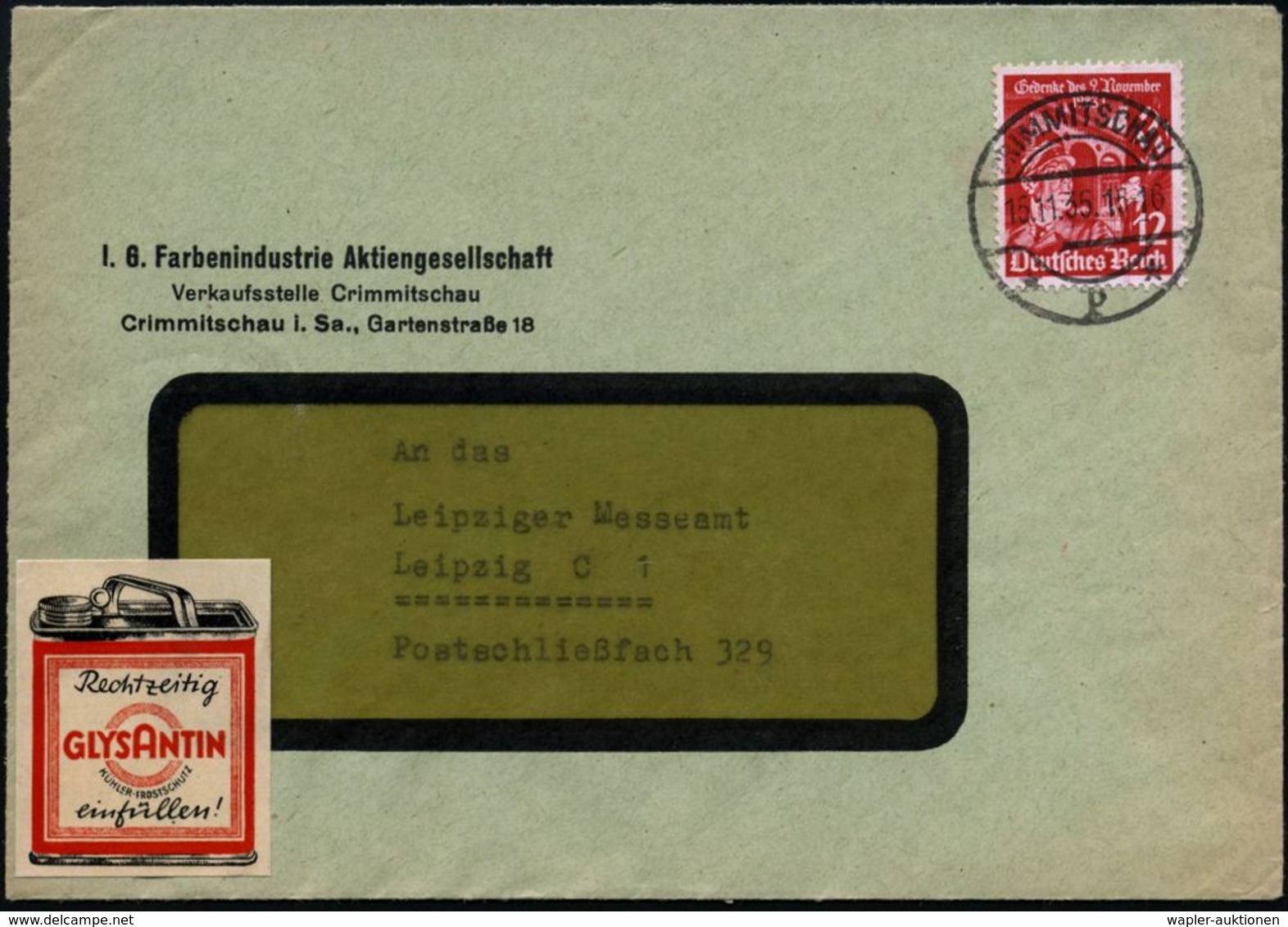 CRIMMITSCHAU/ *p* 1935 (15.11.) 1K-Steg Auf Firmen-Bf.: I.G. Farbenindustrie AG.. + Color-Reklame-Vign.: GLYSANTIN  (Mi. - Chimica