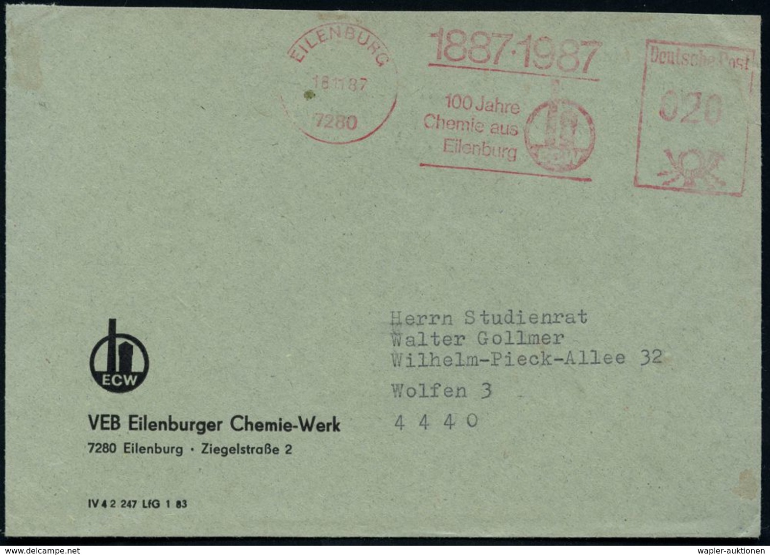 7280 EILENBURG/ 1887 - 1987/ 100 Jahre/ Chemie Aus/ Eilenburg/ ECW 1987 (18.11.) Seltener Jubil-AFS (Firmen-Logo) Motiv- - Scheikunde