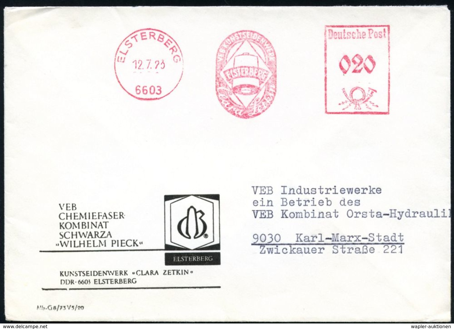 6603 ELSTERBERG/ VEB KUNSTSEIDENWERK/ Clara Zetkin 1973 (12.7.) Dekorat. AFS = Seiden-Garnrolle , Firmen-Bf.: VEB CHEMIE - Chimie