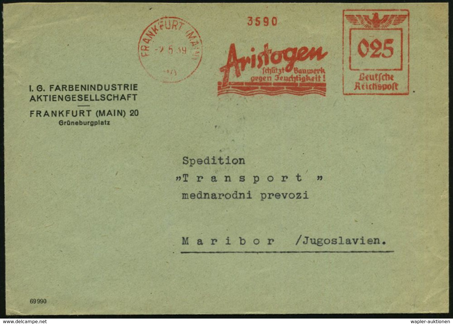 FRANKFURT (MAIN)/ 20/ Aristogen/ Schützt Bauwerk/ Gegen Feuchtigkeit! 1939 (2.5.) AFS 025 Pf. (Ziegel, Wasserwellen) Kla - Chimie