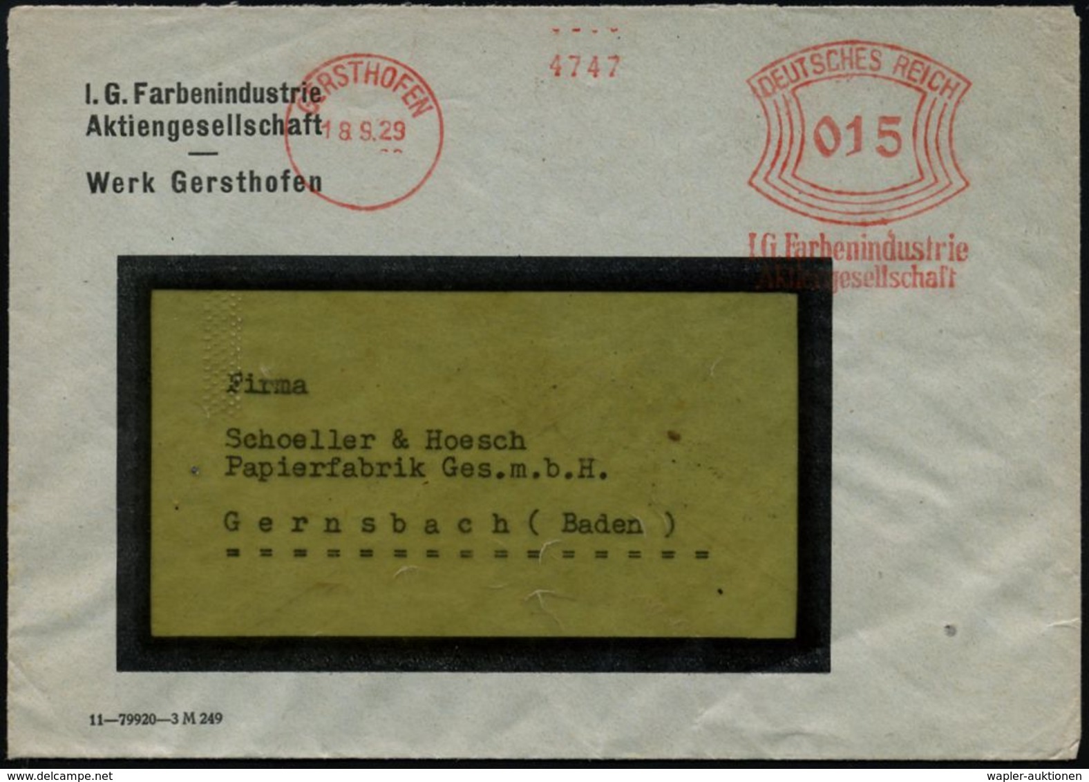 GERSTHOFEN/ IG.Farbenindustrie/ AG 1929 (18.9.) Früher, Seltener AFS Klar Auf Firmen-Bf. (Dü.E-1BAh) - I.-G.-FARBEN INDU - Chimie