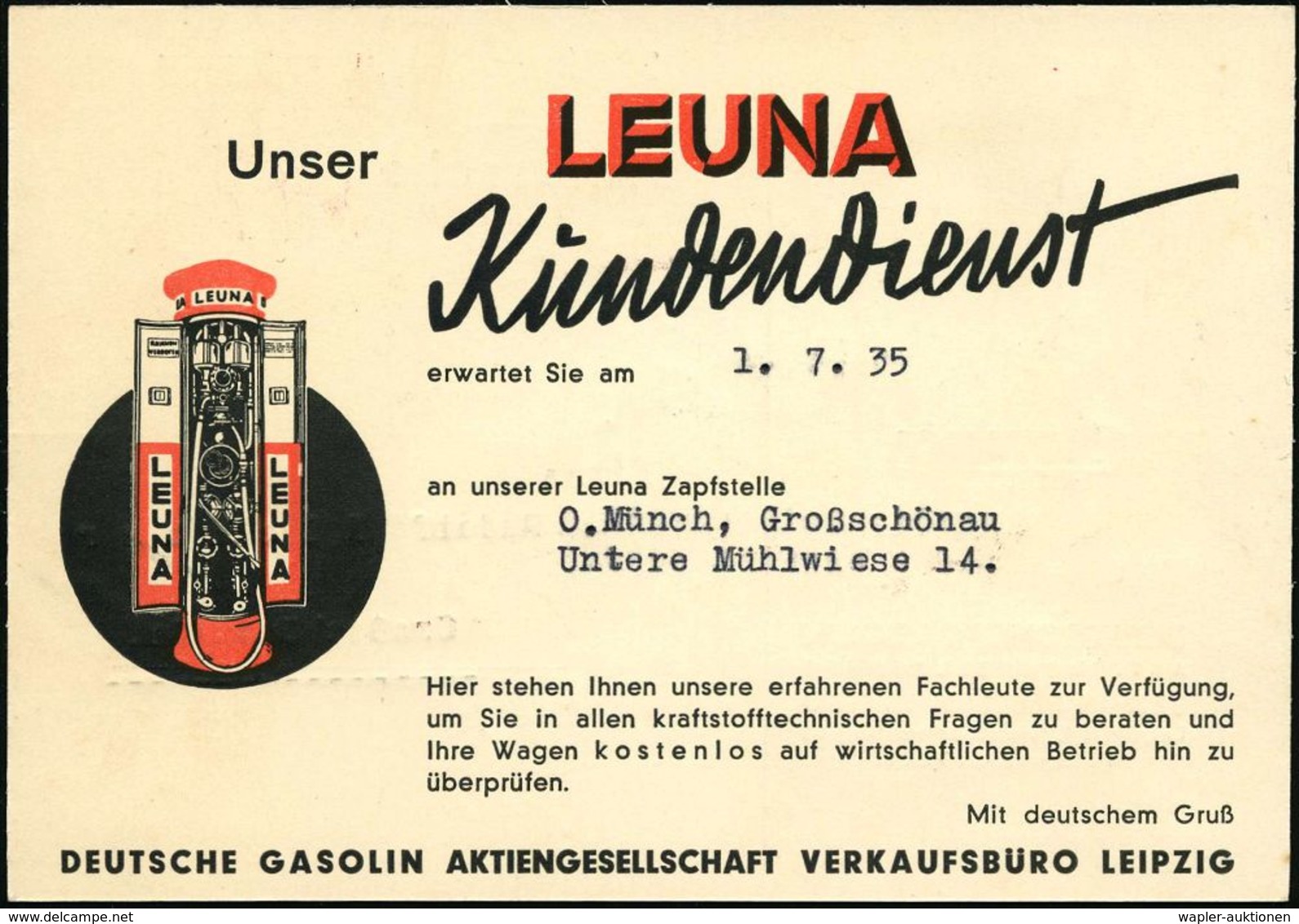 LEIPZIG C1/ Fahrt/ LEUNA/ DEUTSCHES IG.BENZIN/ Deutsche Gasolin AG 1935 (26.6.) AFS Auf Zweifarbiger Reklame-Kt.: LEUNA- - Scheikunde