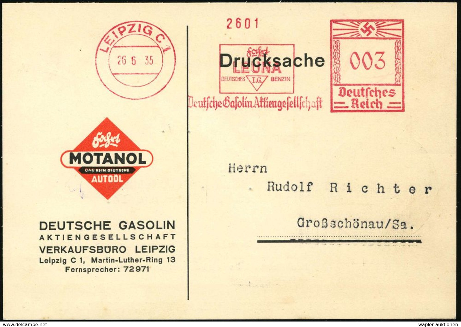 LEIPZIG C1/ Fahrt/ LEUNA/ DEUTSCHES IG.BENZIN/ Deutsche Gasolin AG 1935 (26.6.) AFS Auf Zweifarbiger Reklame-Kt.: LEUNA- - Scheikunde