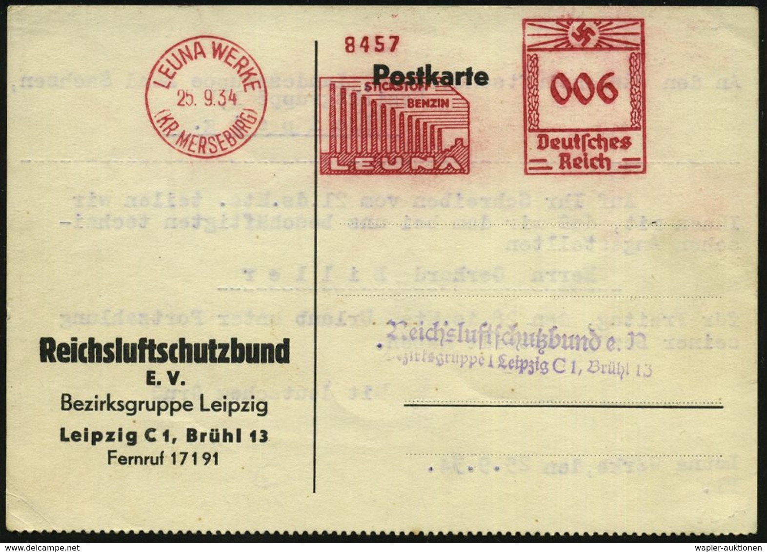 LEUNA WERKE/ (KR MERSEBURG)/ STICKSTOFF/ BENZIN/ LEUNA 1934 (25.9.) AFS = Logo 13 Rauchende Schlote, Firmen-Kt.: Reichsl - Chimica