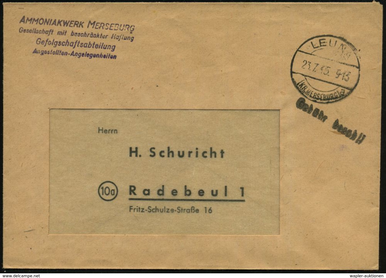 LEUNA/ (KR.MERSEBURG)/ A 1945 (23.7.) 1K-Brücke + Schw. 1L: Gebühr Bezahlt + Viol. Abs.-4L: AMMONIAKWERK MERSEBURG/ GmbH - Scheikunde