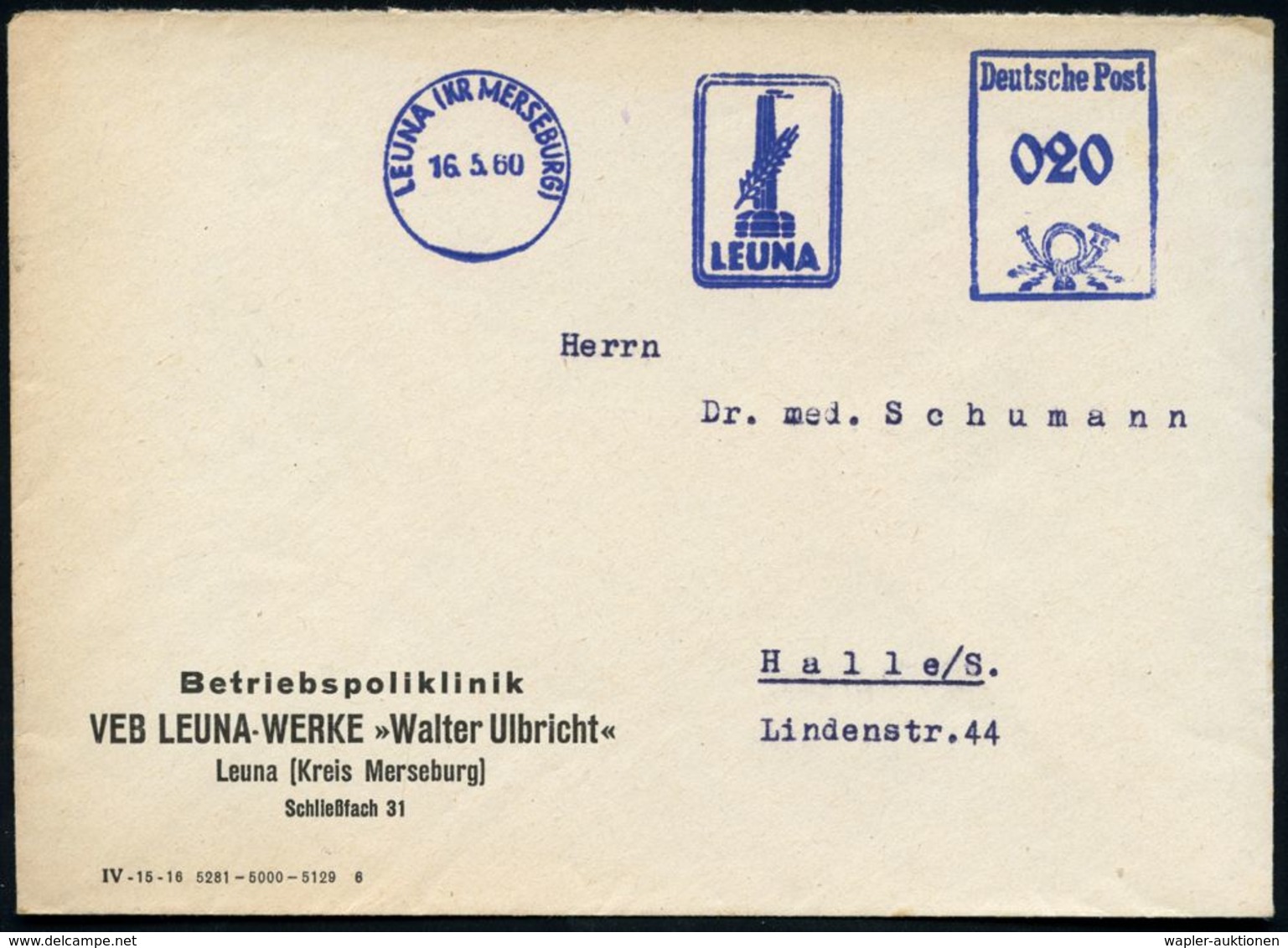 LEUNA (KR.MERSEBURG)/ LEUNA 1960 (16.5.) Blauer AFS Ohne PLZ = DDR-Dienstfarbe, Neues Größeres Logo, Nur Kurze Verwendun - Chimie