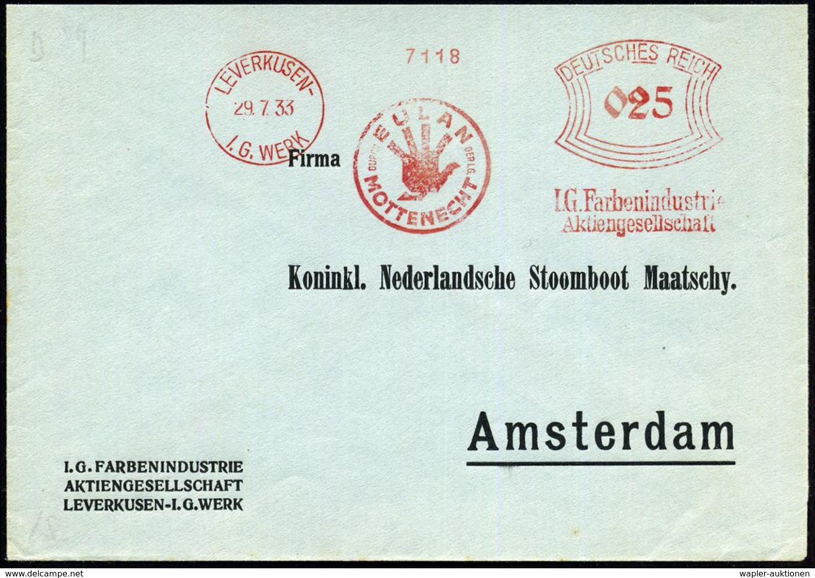LEVERKUSEN-/ I.G. WERK/ MOTTENECHT DURCH/ EULAN/ DER I.G./ I.G.Farbenindustrie/ AG 1933 (29.7.) AFS = Hauspostamt (Logo: - Chimica