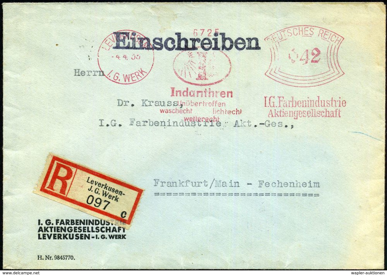 LEVERKUSEN-/ I.G.WERK/ Indanthren../ Lichtecht/ Wetterecht/ I.G. Farbenindustrie/ AG 1935 (4.4.) AFS = Hauspostamt I.G.- - Chimica