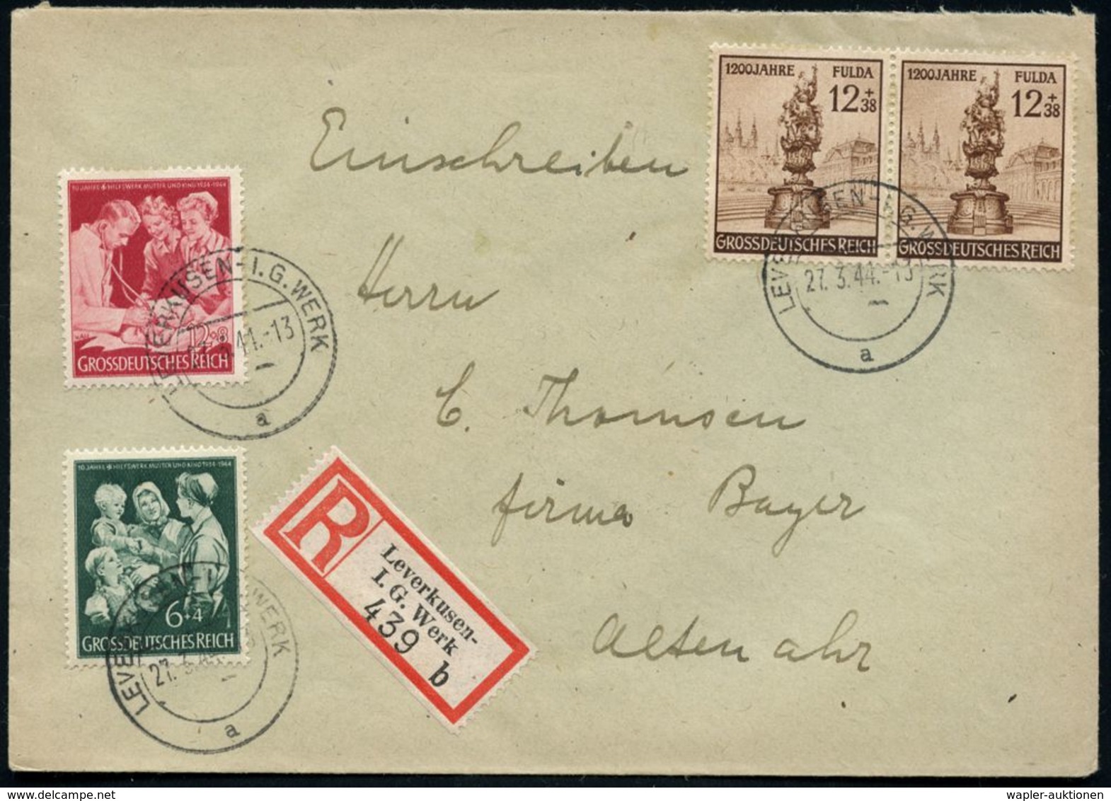 LEVERKUSEN-I.G.WERK/ A 1944 (27.3.) 2K-Steg = Hauspostamt I.G.-Werk + Selbstbucher-RZ: Leverkusen-/ I.G. W E R K/b , Kla - Chimie