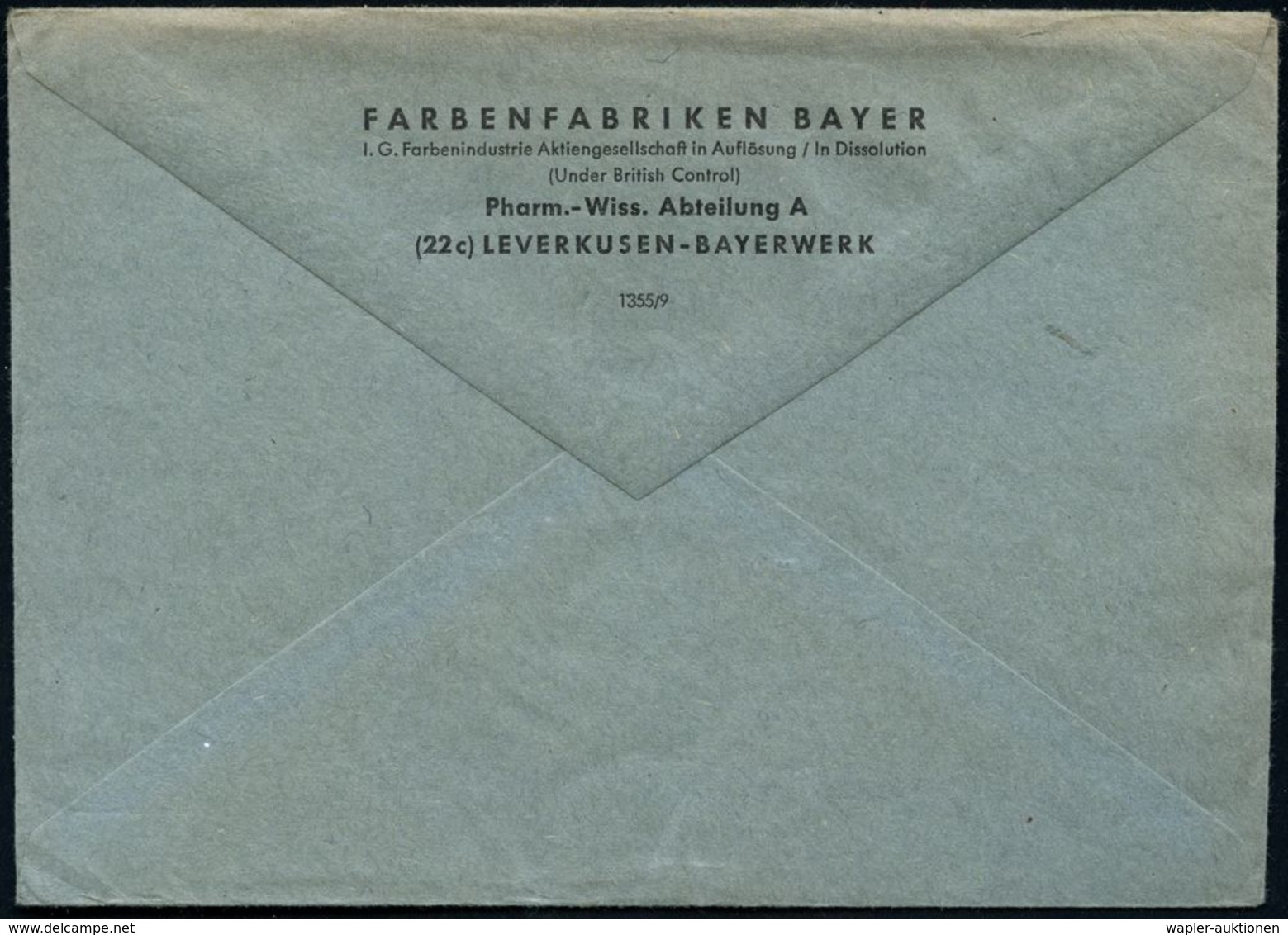 (22c) LEVERKUSEN-BAYERWERK/ BAYER/ ARZNEIMITTEL 1949 (12.6.) AFS = Hauspostamt Bayerwerk (Firmen-Logo) Rs. Abs.-Vordruck - Chemie