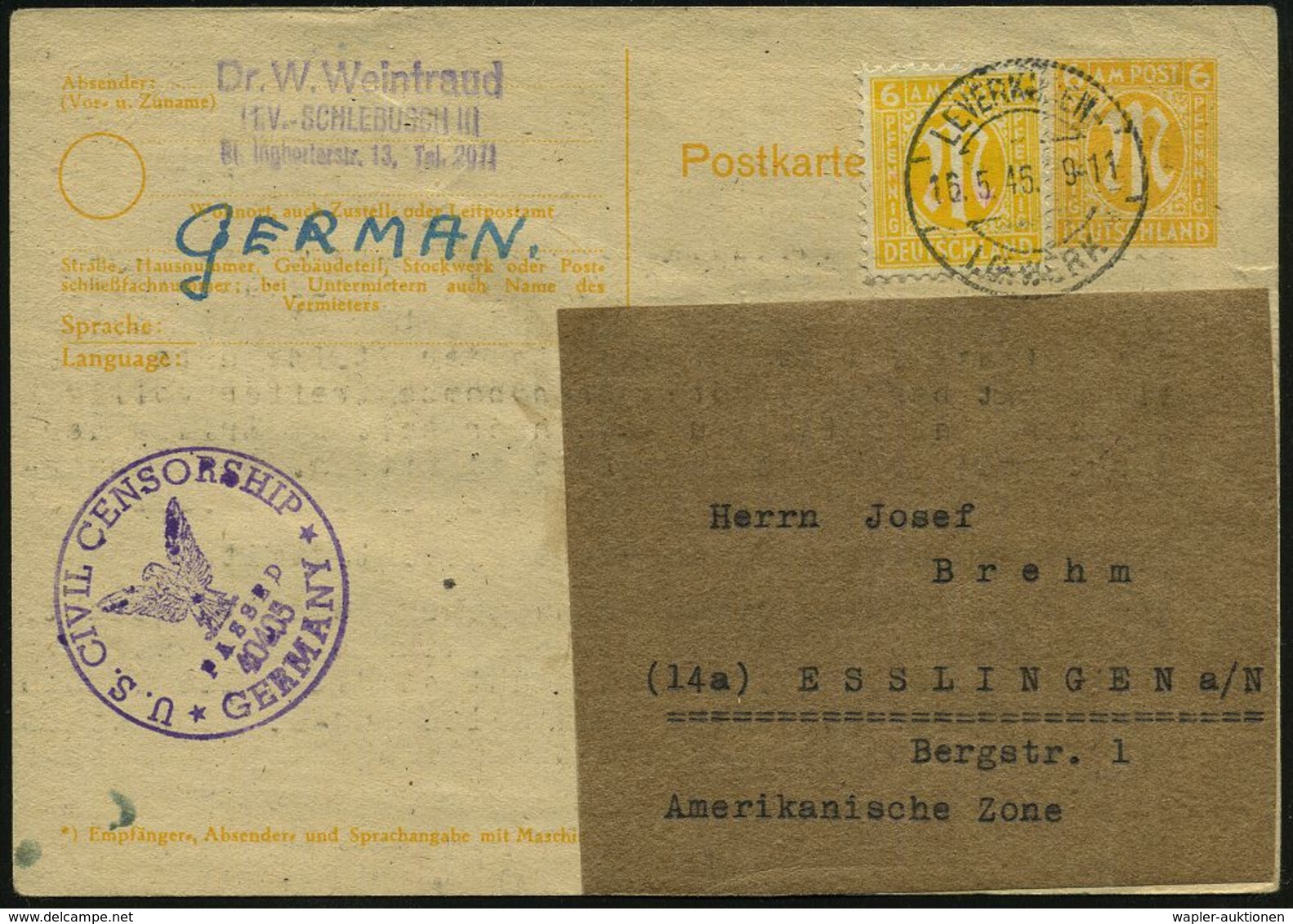 LEVERKUSEN-/ I.G.WERK 1946 (16.5.) 1K-Brücke Ohne UB (Brücke Beschädigt) Unverändert = Hauspostamt Auf Inl.-P 6 Pf. AM-P - Chimica