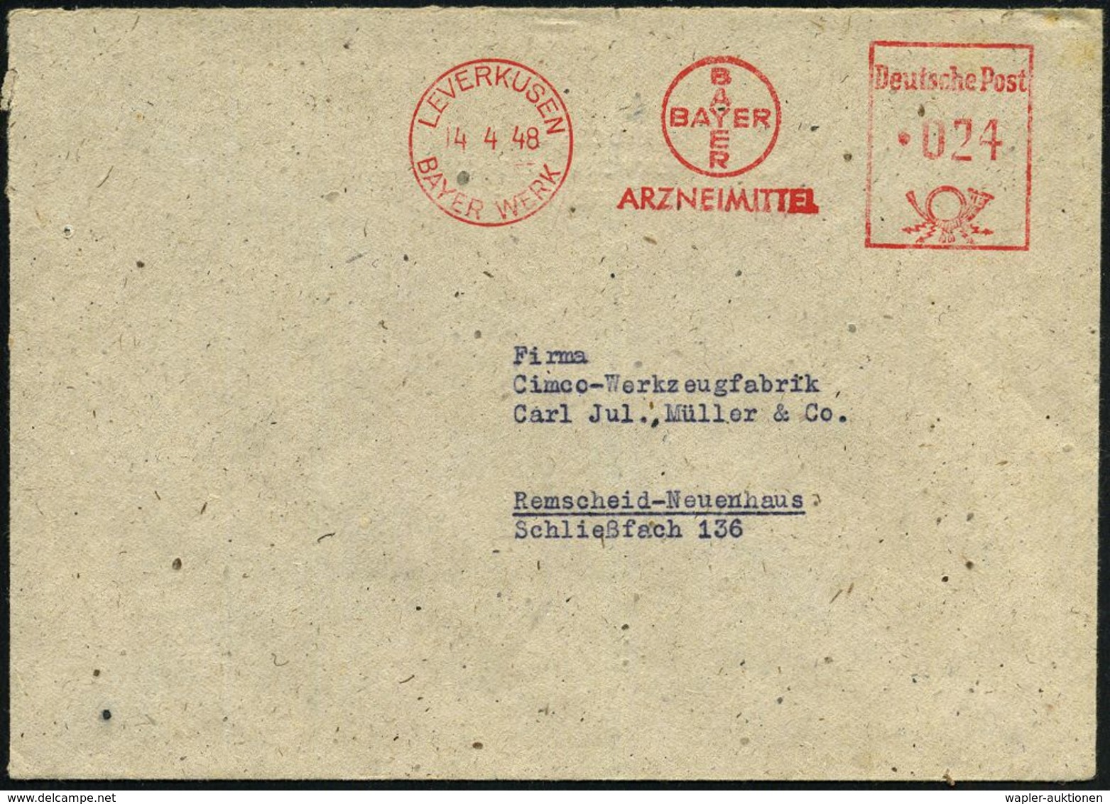 LEVERKUSEN/ BAYER WERK/ BAYER/ ARZNEIMITTEL 1948 (14.4.) AFS = Hauspostamt Bayer-Werk, Rs. Abs.-Vordruck: VERSUCHSWERK F - Scheikunde