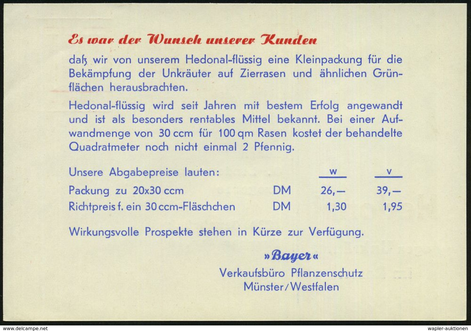 (22c) LEVERKUSEN-BAYERWERK/ BAYER/ Rasikal/ Gegen Unkraut/ Auf Wegen U.Plätzen 1959 (3.7.) Seltener AFS = Hauspostamt ,  - Chemie