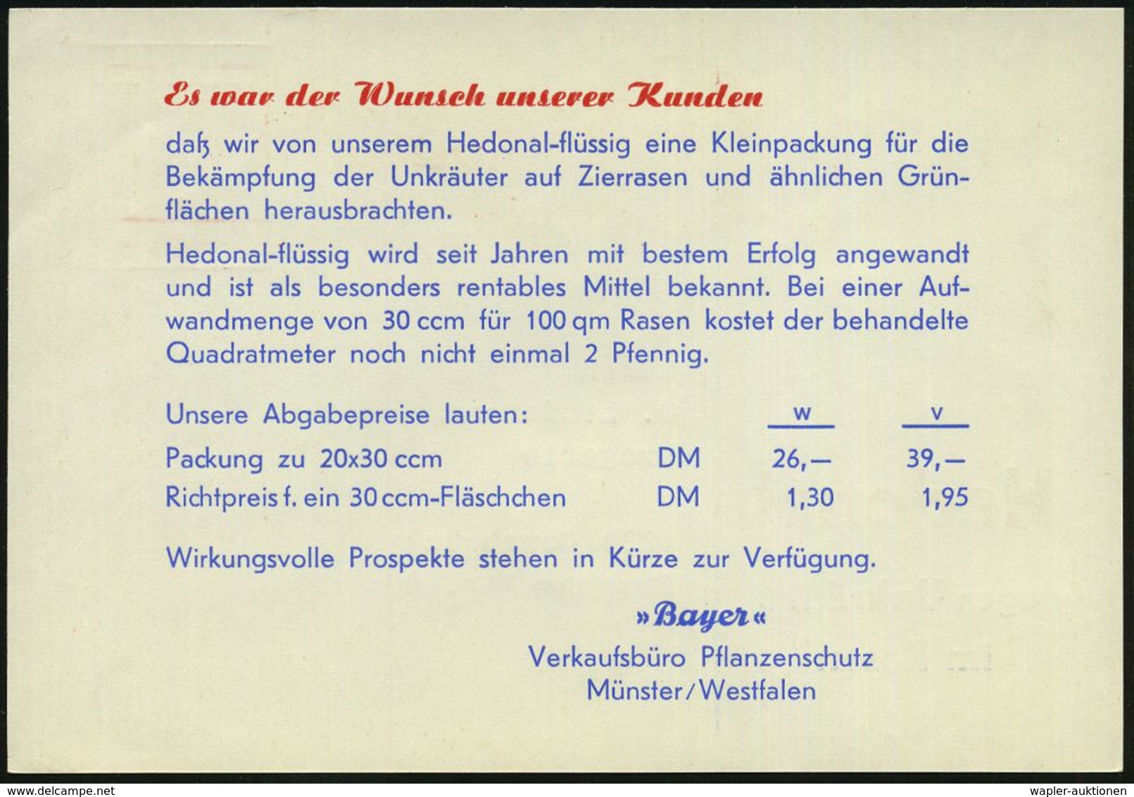 (22c) LEVERKUSEN-BAYERWERK/ BAYER/ Rasikal/ Gegen Unkraut/ Auf Wegen U.Plätzen 1959 (3.7.) Seltener AFS = Hauspostamt ,  - Scheikunde
