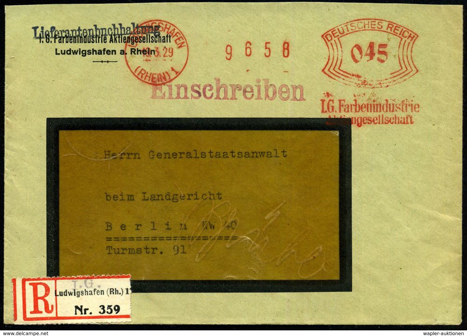 LUDWIGSHAFEN/ (RHEIN) 1/ I.G. Farbenindustrie/ AG 1929 (19.3.) AFS 045 Pf. + Provis. Firmen-RZ: Ludwigshafen (Rh.) 1/ I. - Chimica