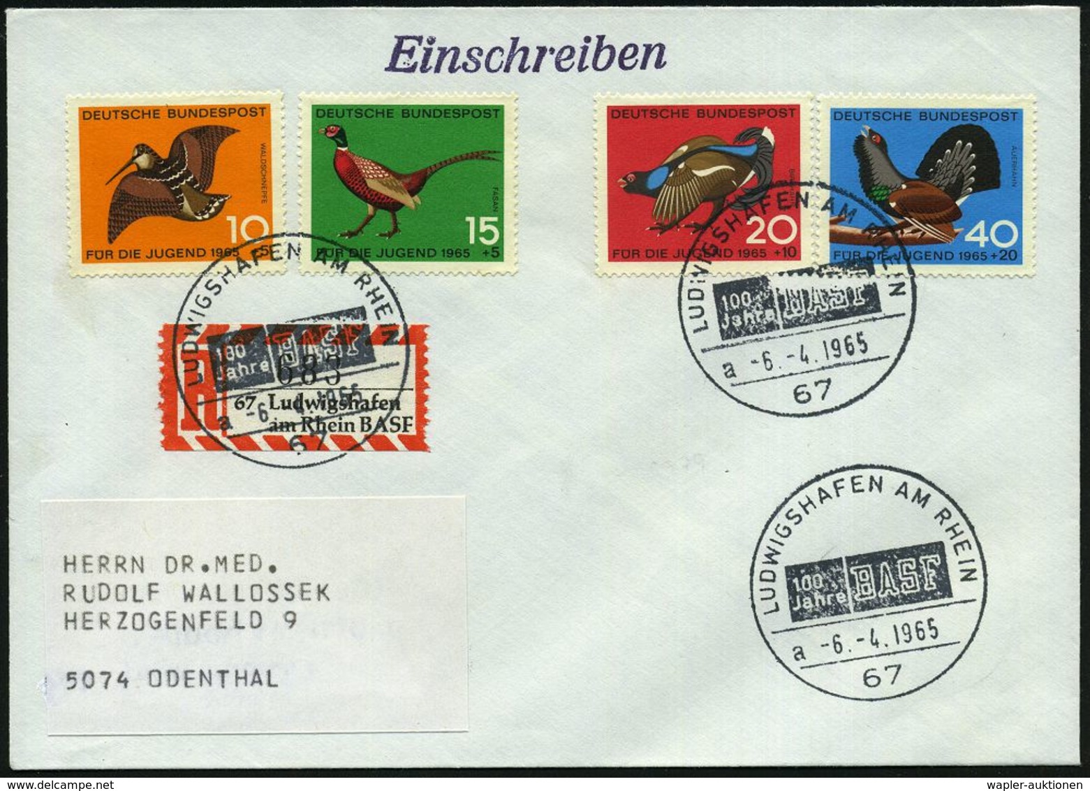 67 LUDWIGSHAFEN AM RHEIN/ 100 Jahre/ BASF/ A 1965 (8.4.) Jubil.-SSt, UB "a" + Firmen-RZ: 67 Ludwigshafen/am Rhein B A S  - Scheikunde